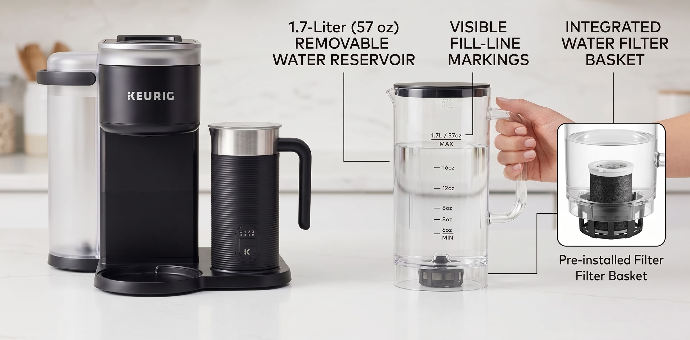 Keurig Smart Brewer 1.7-liter removable water reservoir with fill-line markings and integrated water filter basket