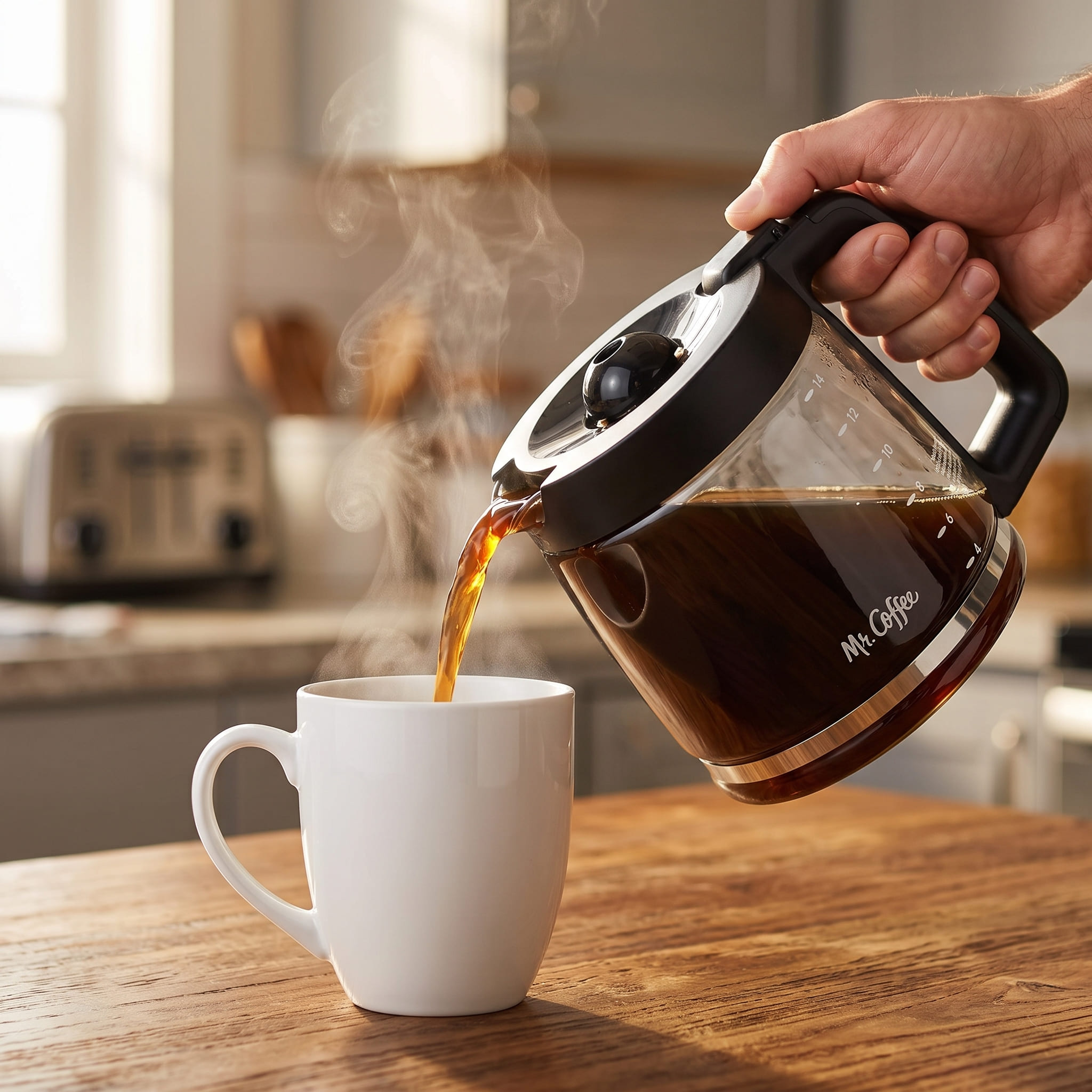 Pouring freshly brewed drip coffee from Mr. Coffee 14-cup glass carafe into a large ceramic mug — showing coffee colour and steam