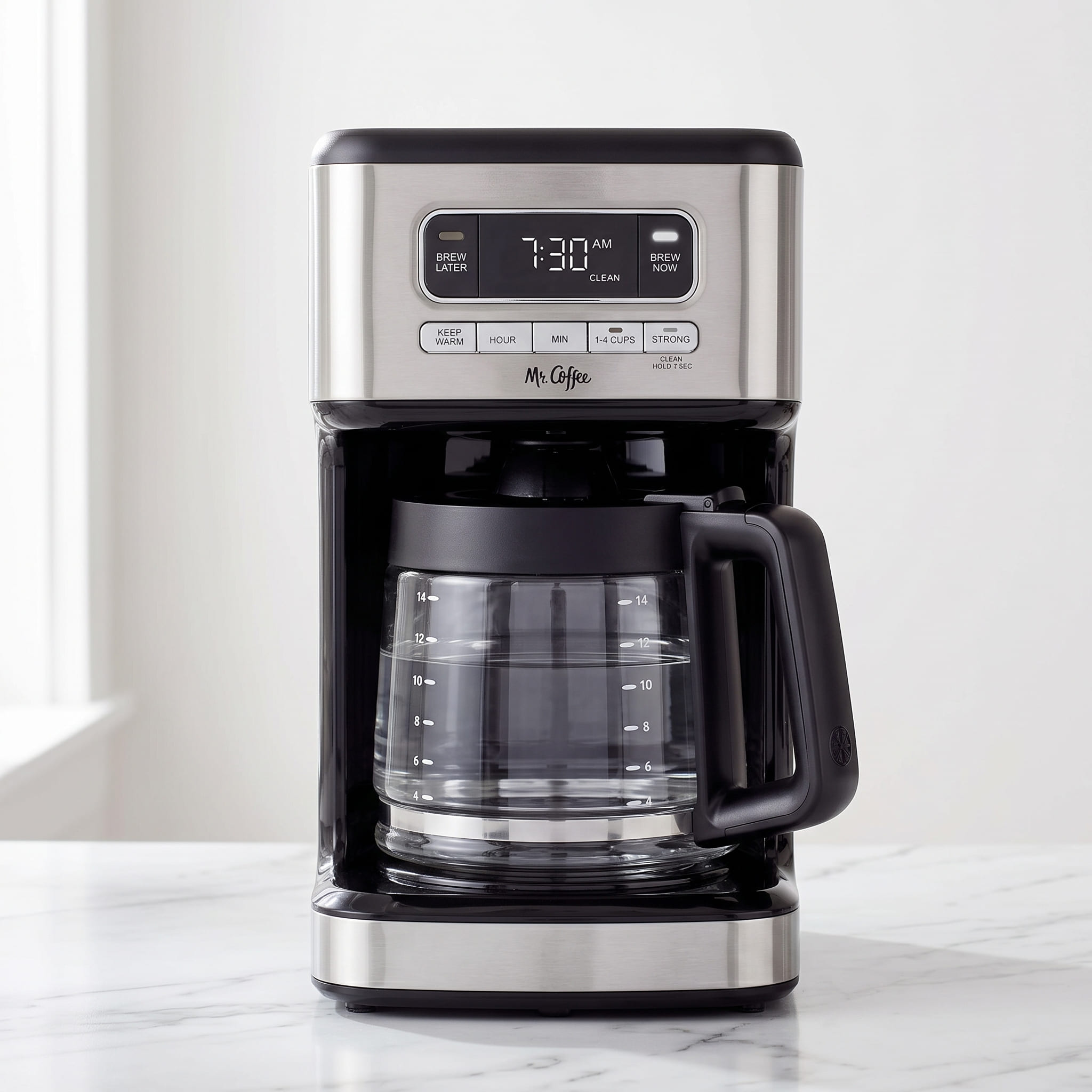 Mr. Coffee 14-Cup Programmable Coffee Maker Stainless Steel - Hero background