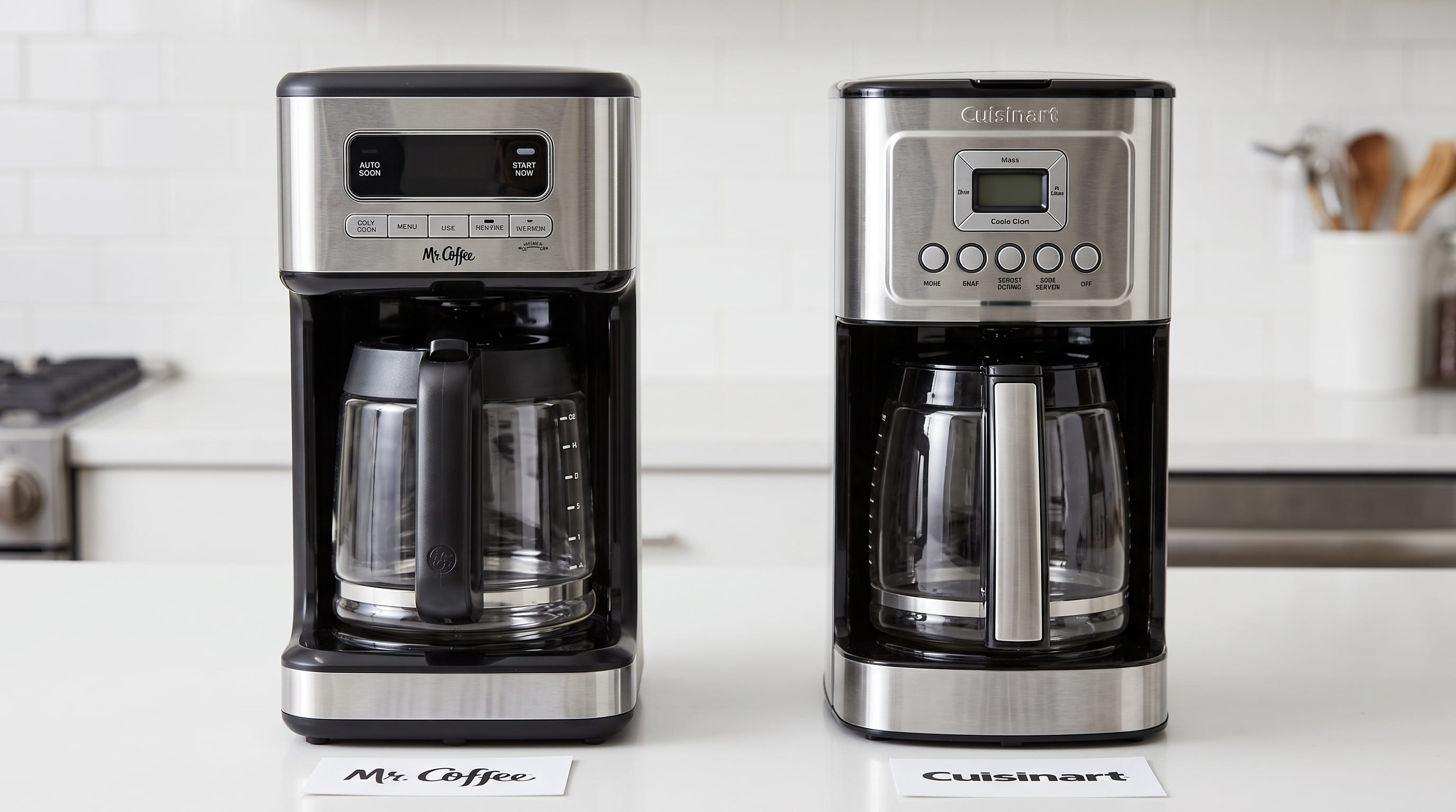 Mr. Coffee 14-Cup Programmable vs Cuisinart 14-Cup side-by-side on kitchen counter — size, display, and build quality comparison