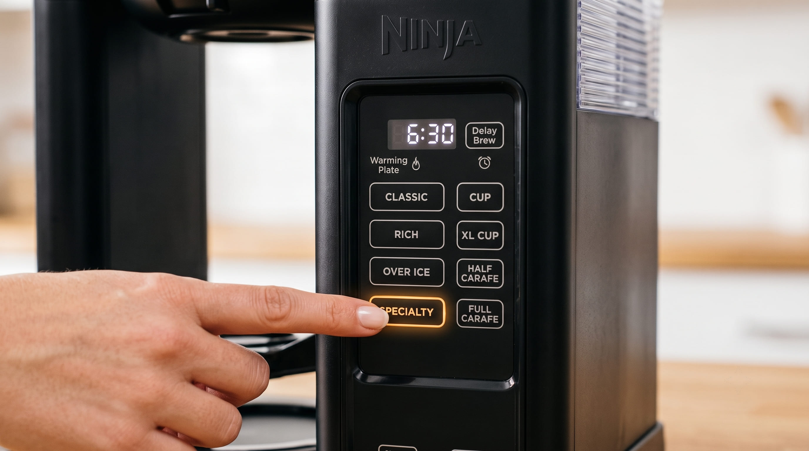 Ninja Specialty Coffee Maker control panel showing 4 brew styles — Classic, Rich, Over Ice, and Specialty