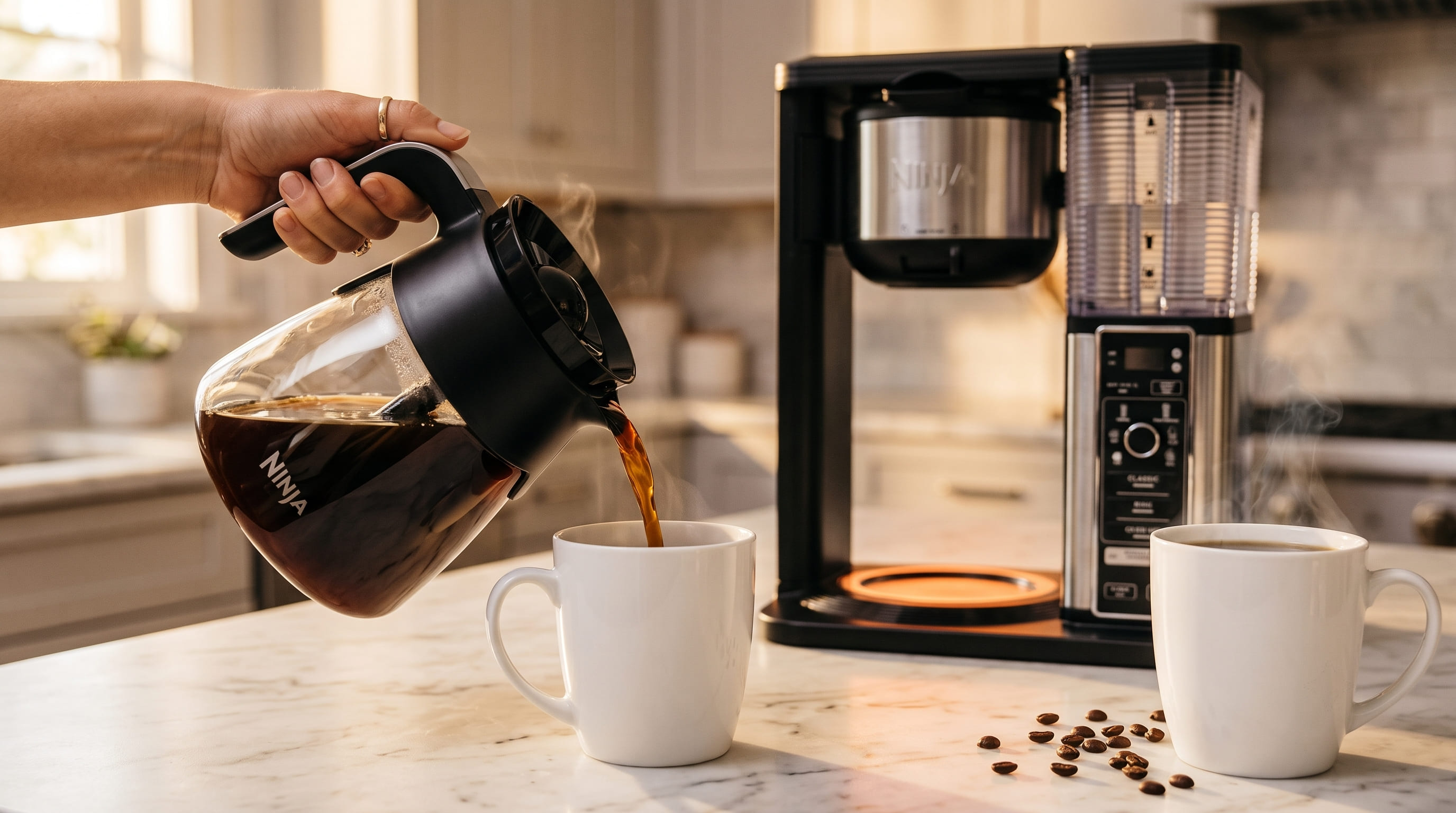 Ninja Specialty Coffee Maker glass carafe being poured into a white ceramic mug on a kitchen counter