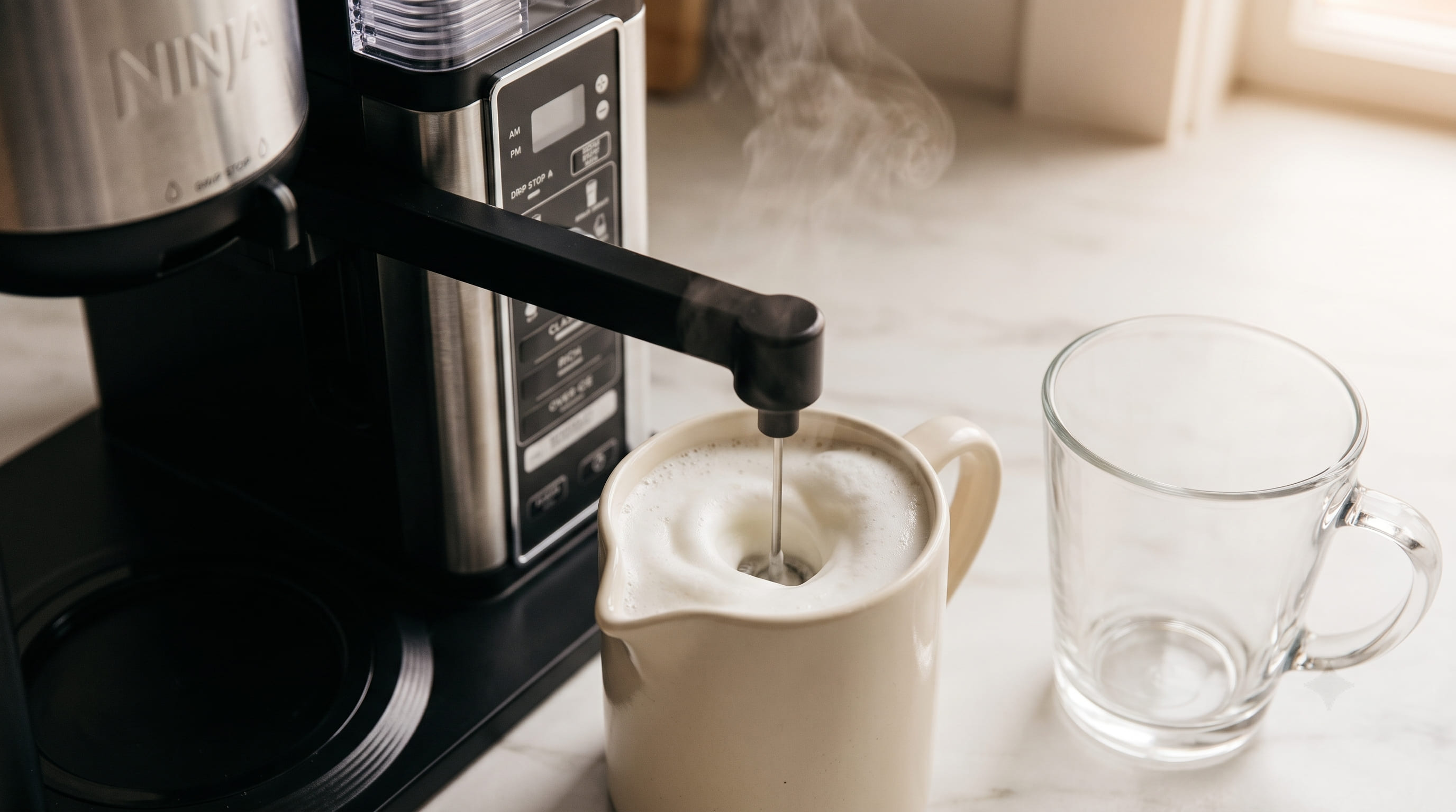 Ninja Specialty Coffee Maker fold-away frother frothing milk in a glass latte mug — hot froth in action