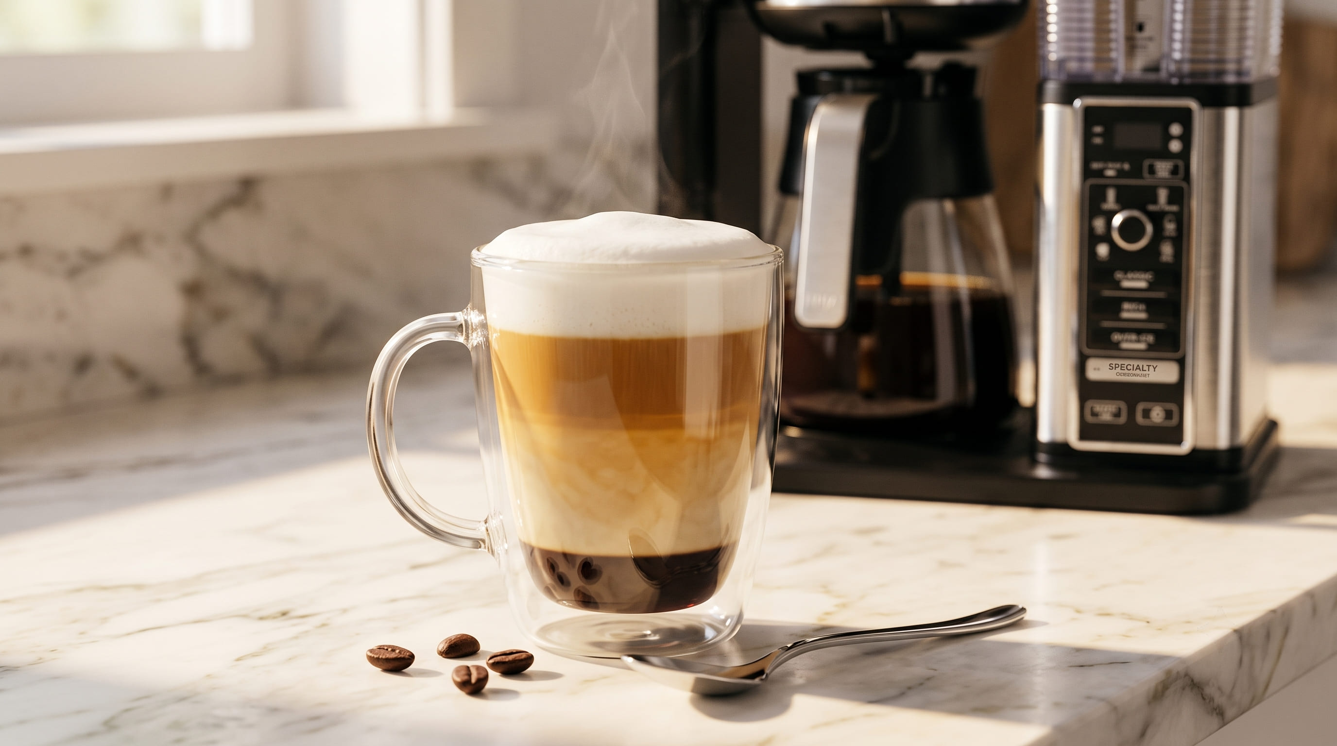 Finished latte made with Ninja Specialty Coffee Maker's concentrated brew over frothed milk in a clear glass mug
