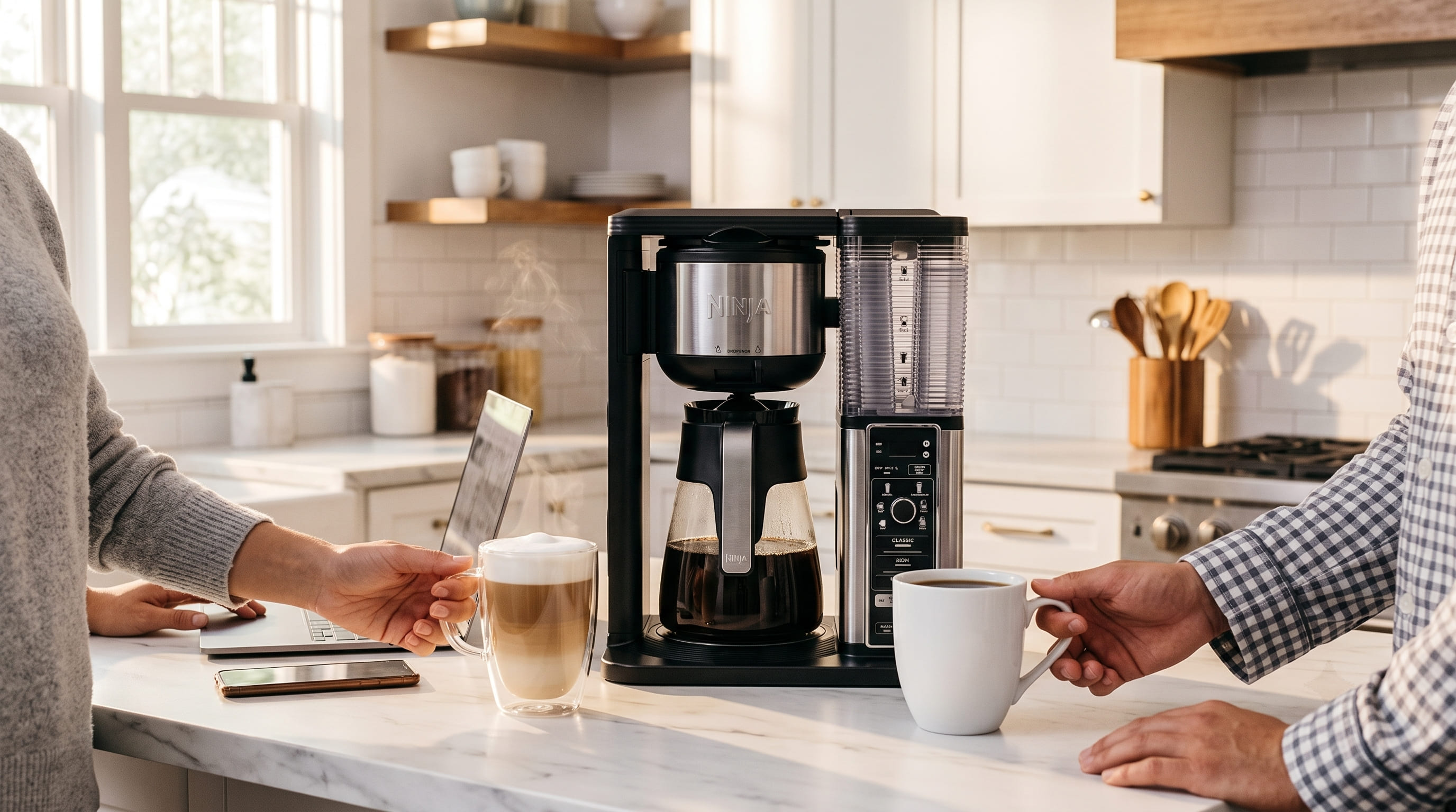 Ninja Specialty Coffee Maker in a bright modern kitchen during morning routine with latte and laptop