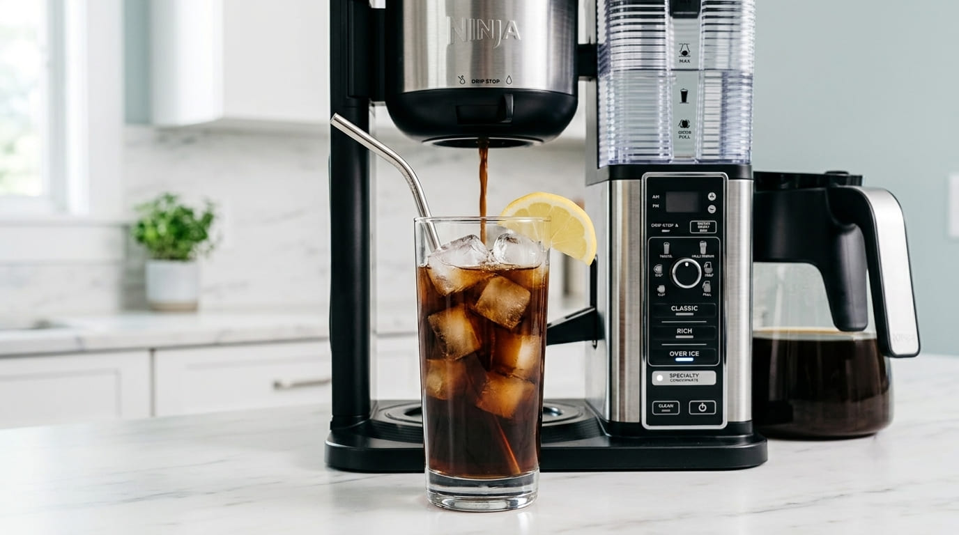 Ninja Specialty Coffee Maker brewing directly over ice in a tall glass — Over Ice brew mode in use