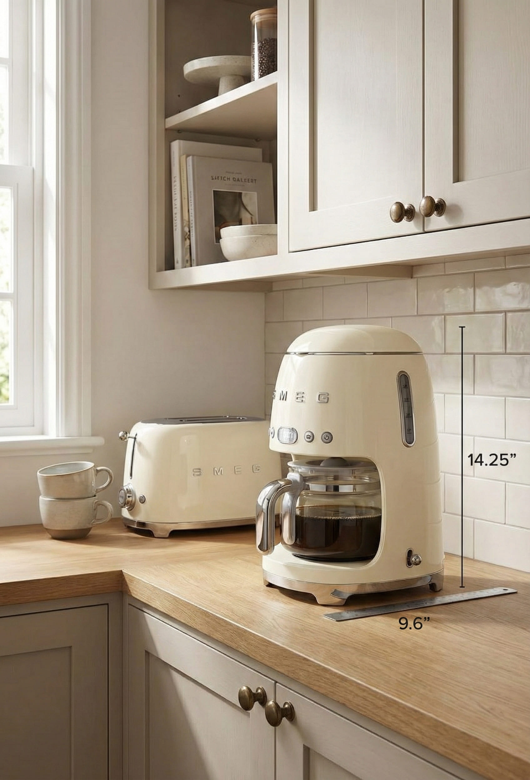 Smeg DCF02CRUS drip coffee maker compact dimensions 9.6 inches wide with modern retro styling and space-saving design