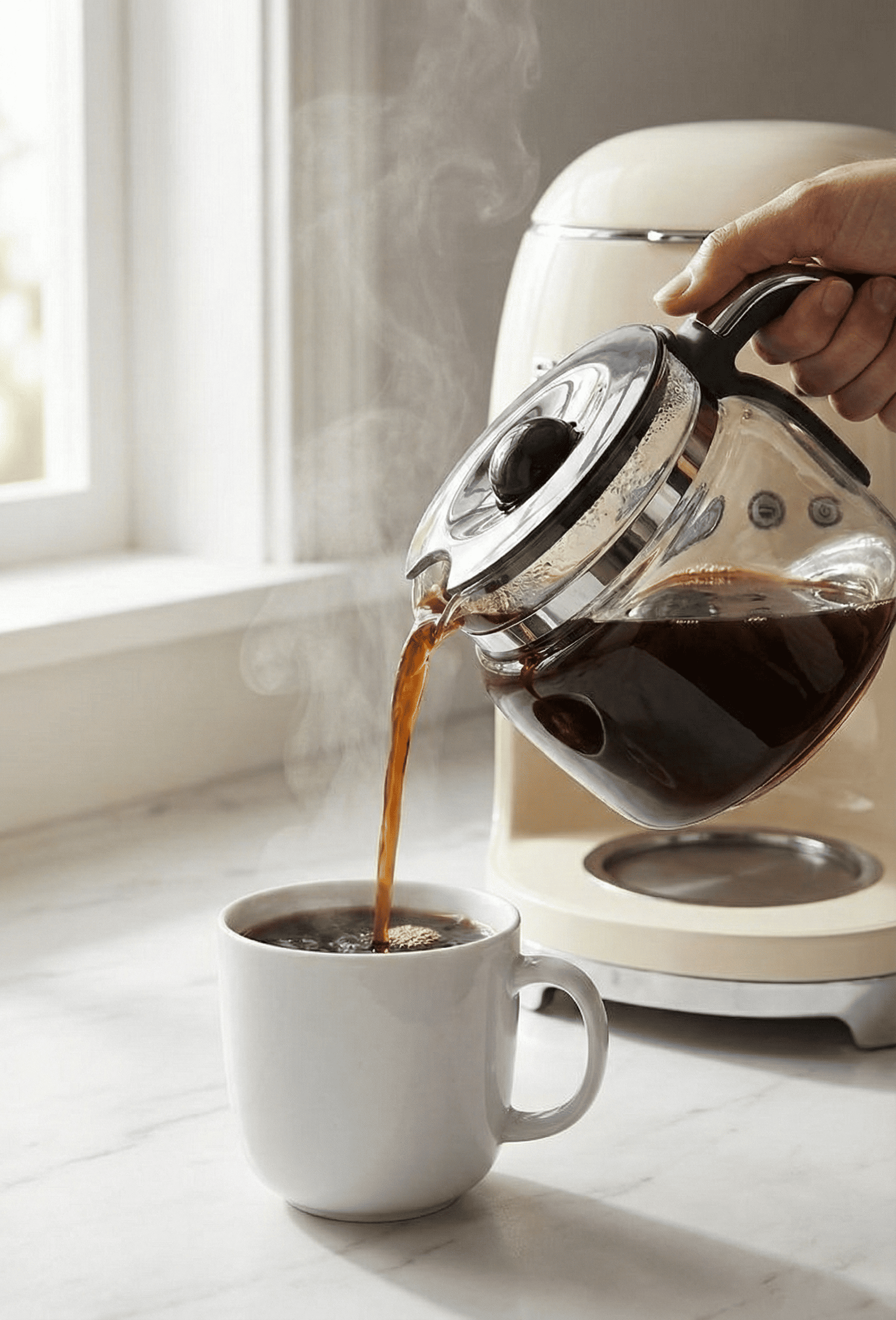 Fresh brewed coffee pouring from Smeg 10-cup glass carafe with comfort-grip handle and anti-drip spout onto warming plate maintaining serving temperature