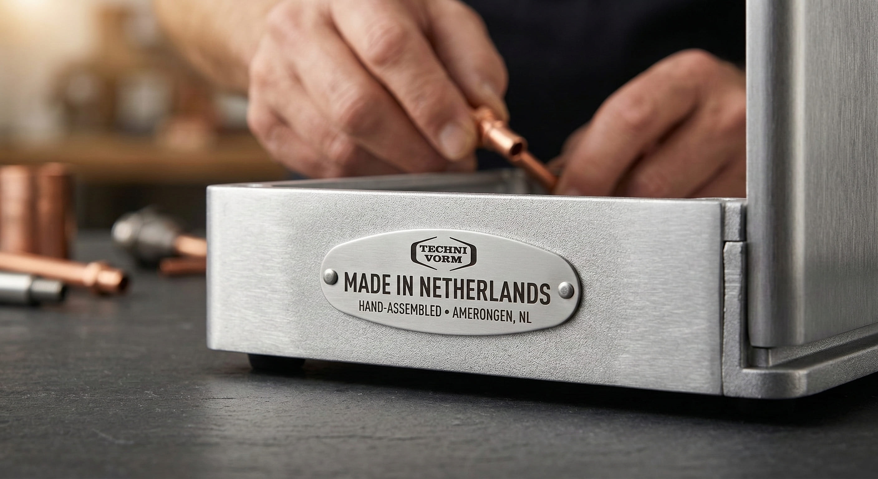 Technivorm Moccamaster manufacturing quality detail showing hand-assembled components and Made in Netherlands quality badge — highlighting Dutch craftsmanship and 5-year warranty construction