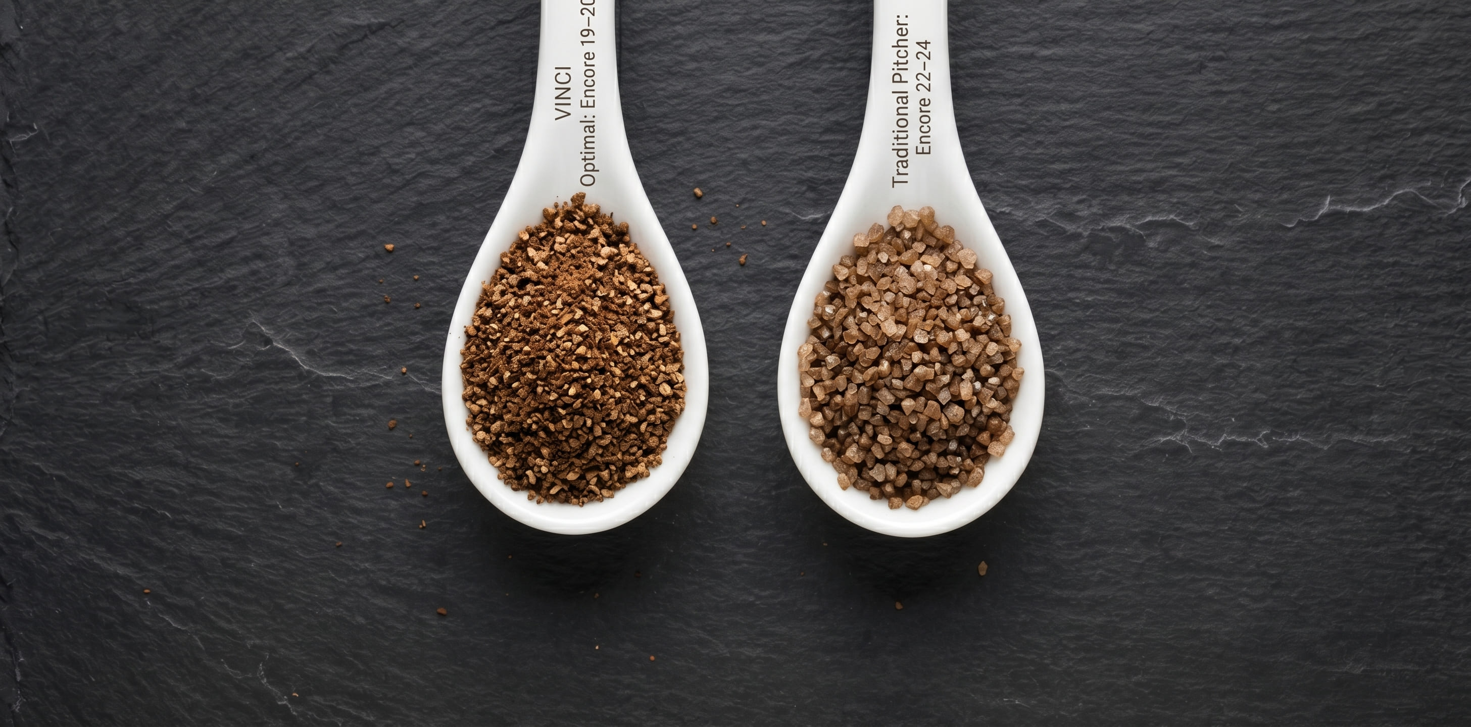 Ground coffee grind size comparison for VINCI cold brew maker — medium-coarse Baratza Encore setting 18-20 next to traditional cold brew coarse grind