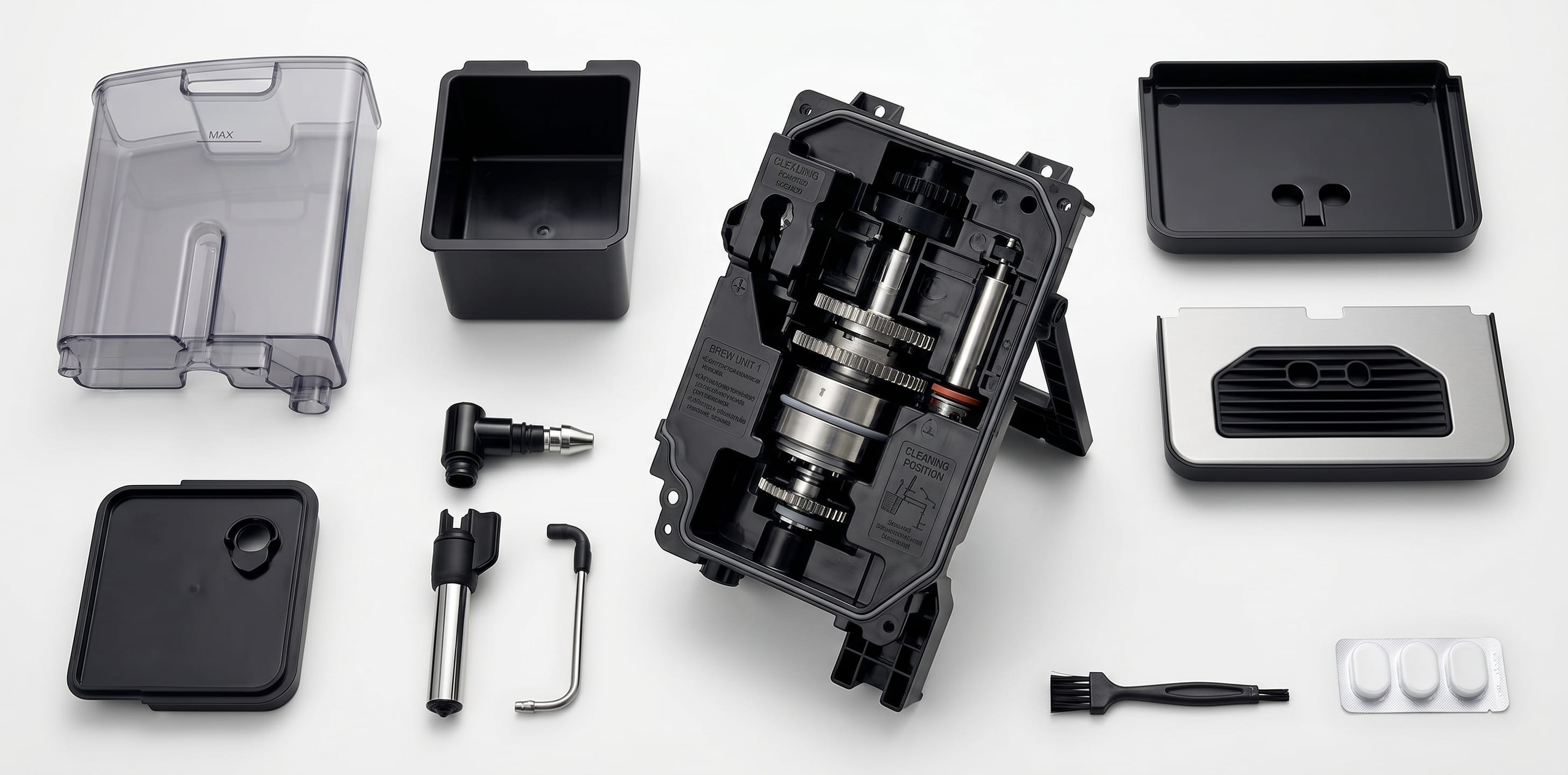 Bosch bean-to-cup coffee machine maintenance components — removable brew unit, drip tray, and grounds container for easy cleaning