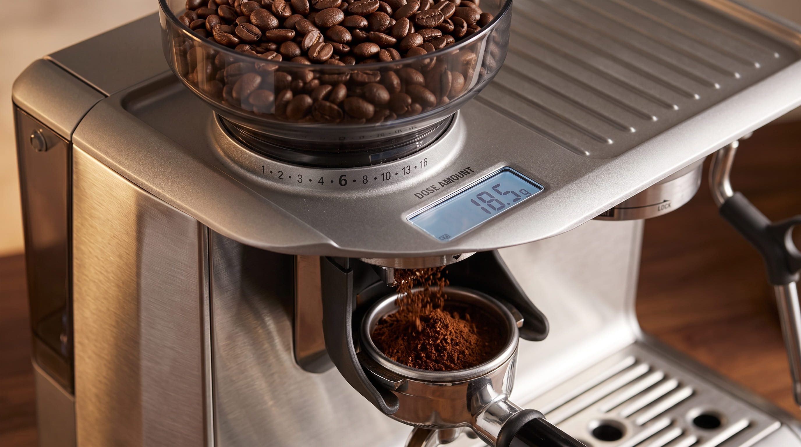 Breville Barista Express BES870XL integrated 40mm conical burr grinder with 16-setting grind dial and Dose Control Pro display
