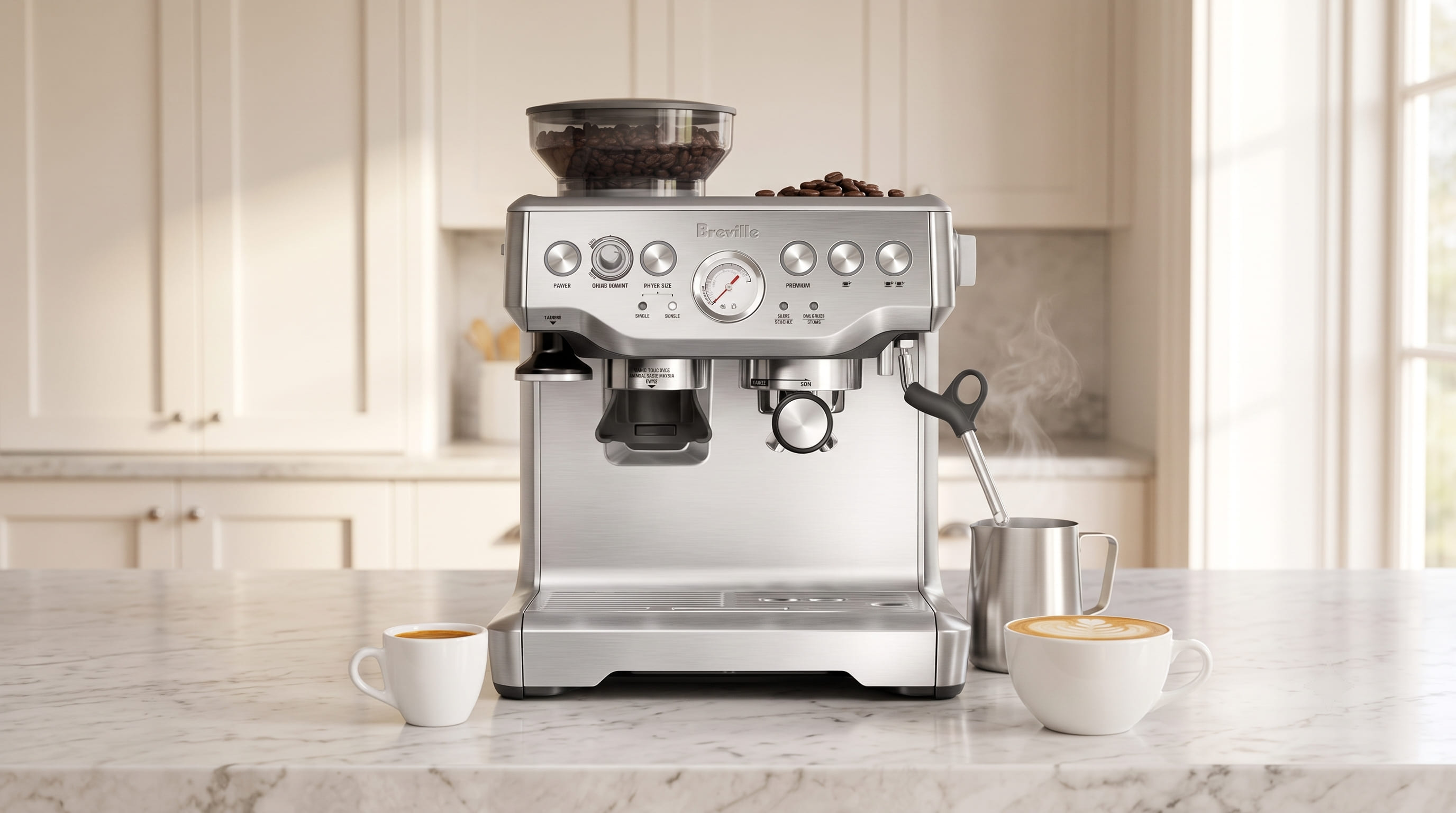 Breville Barista Express BES870XL in a modern home kitchen setting with freshly pulled espresso and latte on the counter