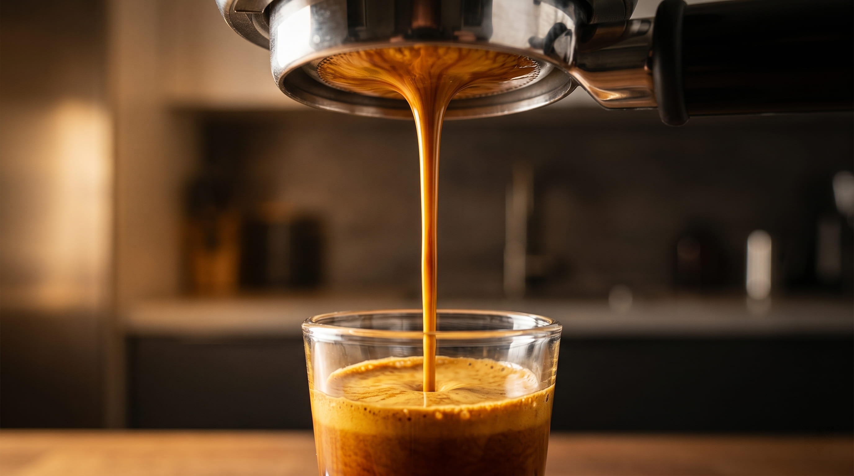 Breville Barista Pro espresso extraction showing golden crema flow from 54mm portafilter with ThermoJet temperature stability