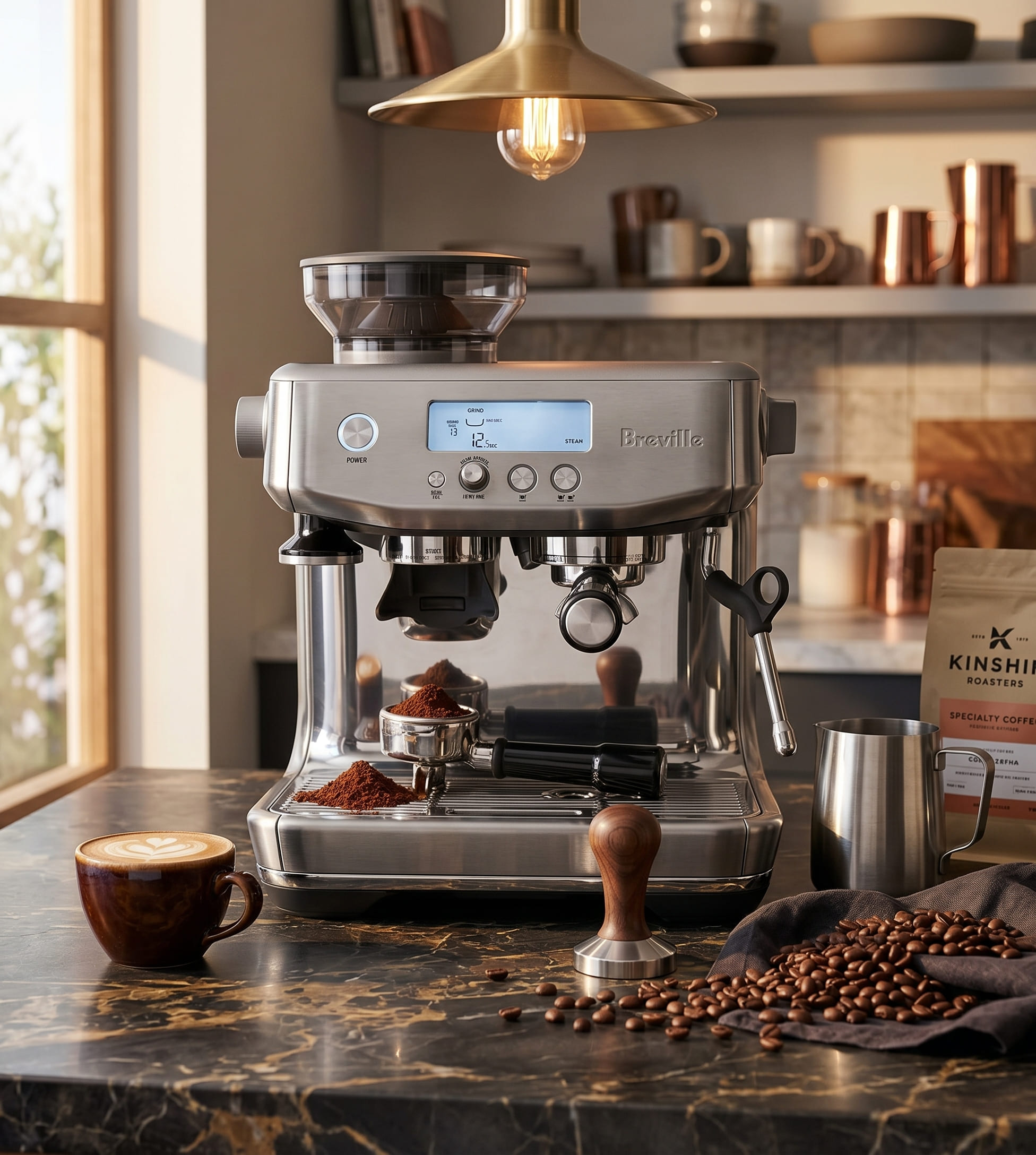 Breville Barista Pro espresso machine on kitchen counter lifestyle setup showing integrated grinder and digital display in home coffee station