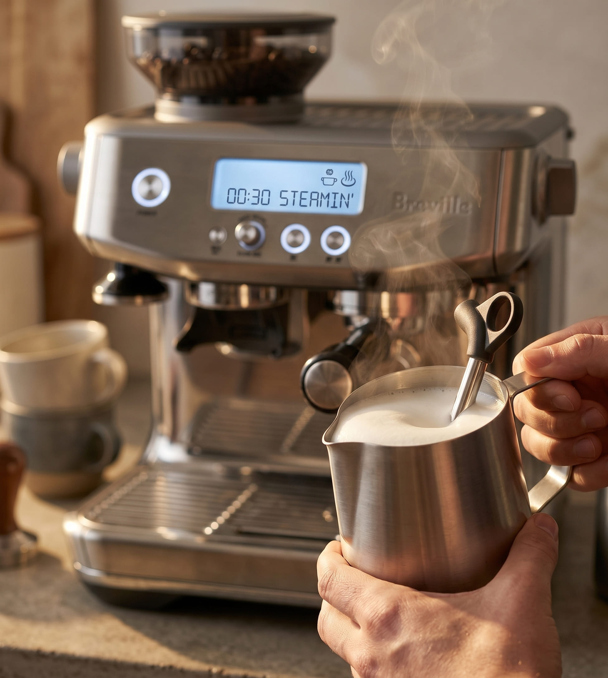 Breville Barista Pro manual steam wand texturing whole milk for latte art with 360-degree swivel positioning