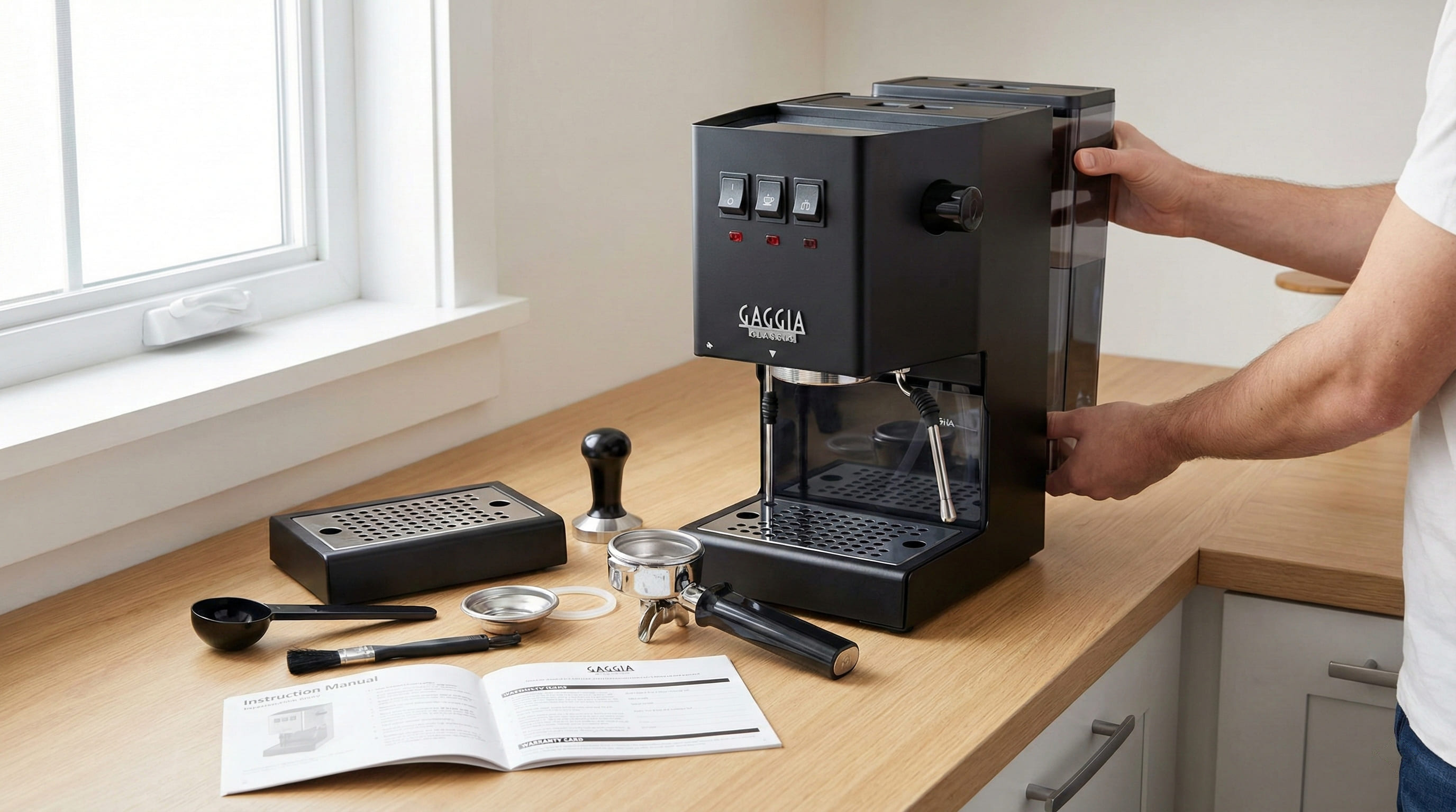Gaggia Classic Pro semi-automatic espresso machine setup showing Italian stainless steel construction and professional portafilter