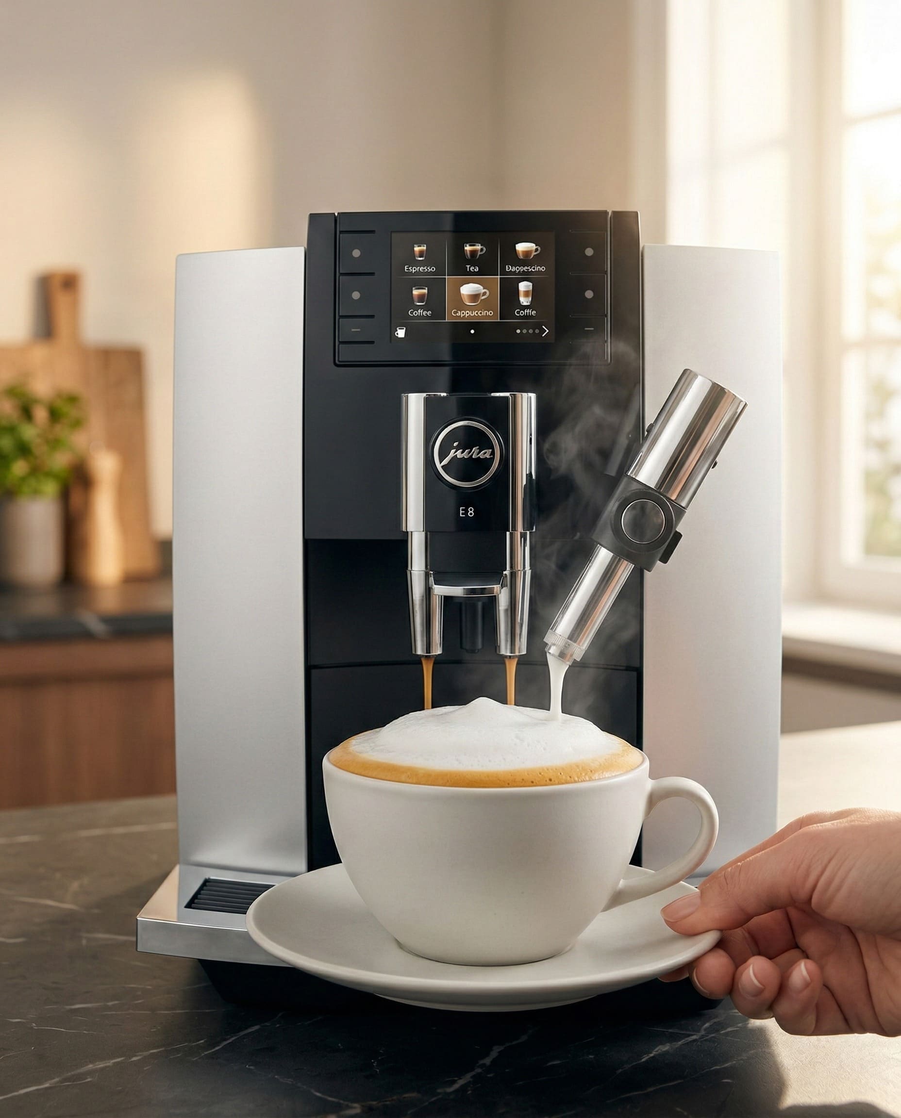 Jura E8 dispensing a perfectly layered cappuccino with professional fine foam from the automatic milk system into a ceramic cup