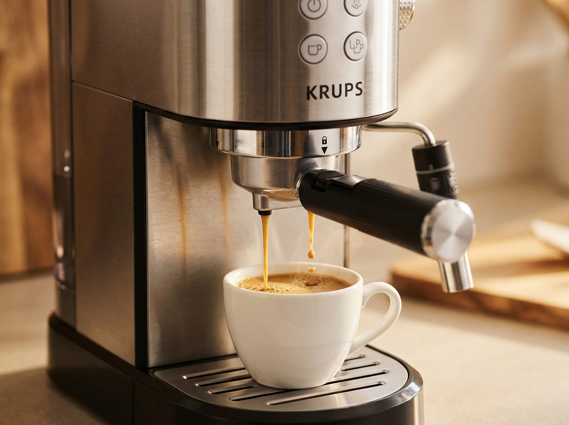 Krups XP444C50 espresso extraction shot pulling into small cup showing crema production from budget pump espresso machine