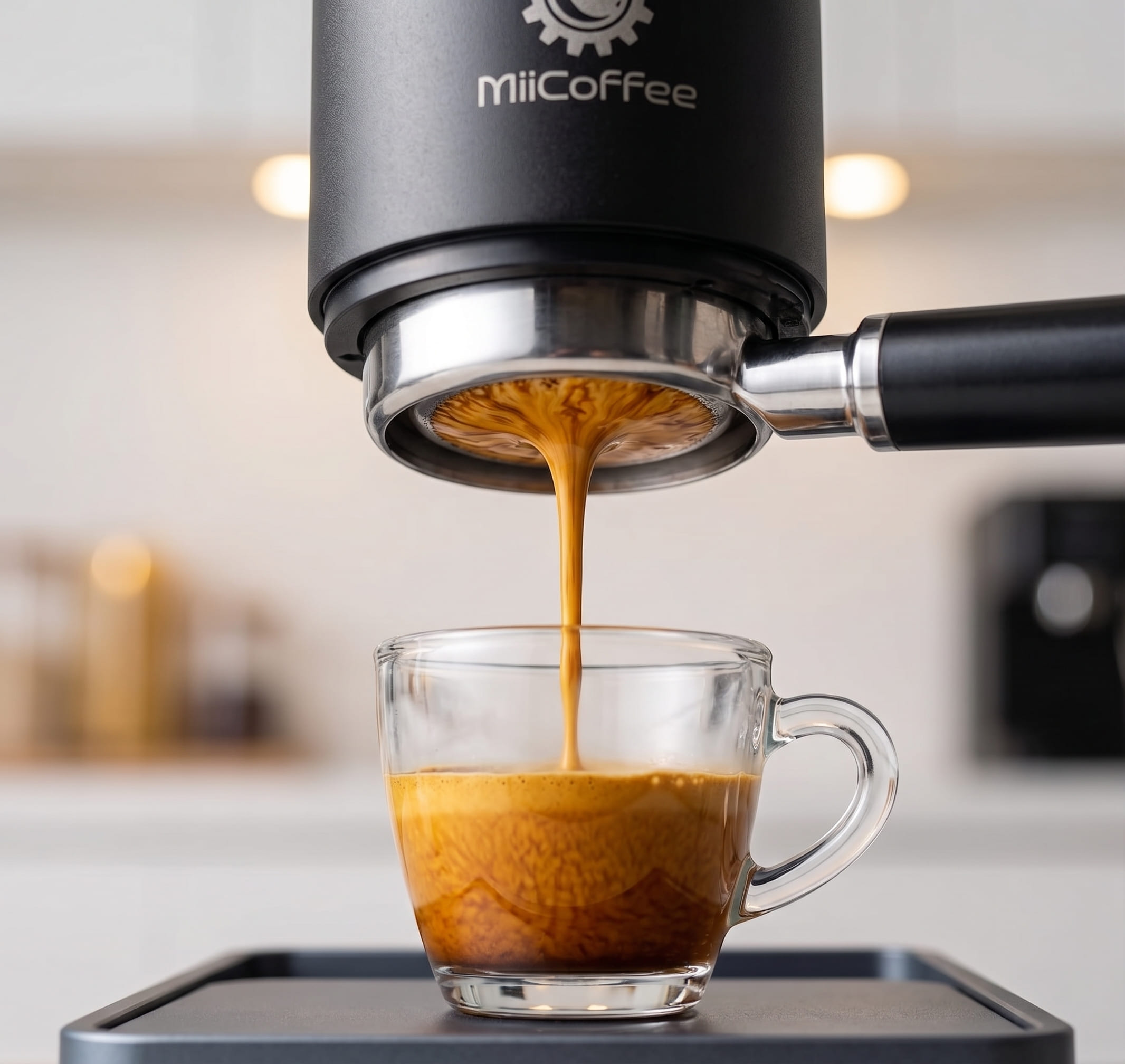 MiiCoffee Eon espresso extraction showing rich golden crema from 54mm portafilter with pressure profiling engaged