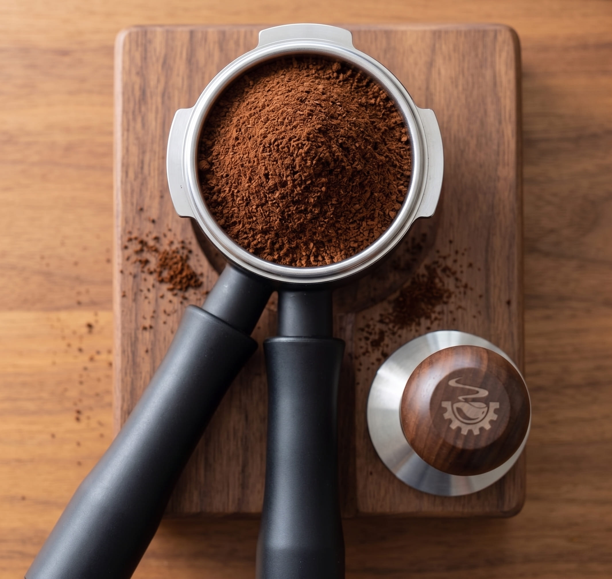 MiiCoffee Eon 54mm portafilter with precision basket and freshly dosed espresso grounds ready for tamping