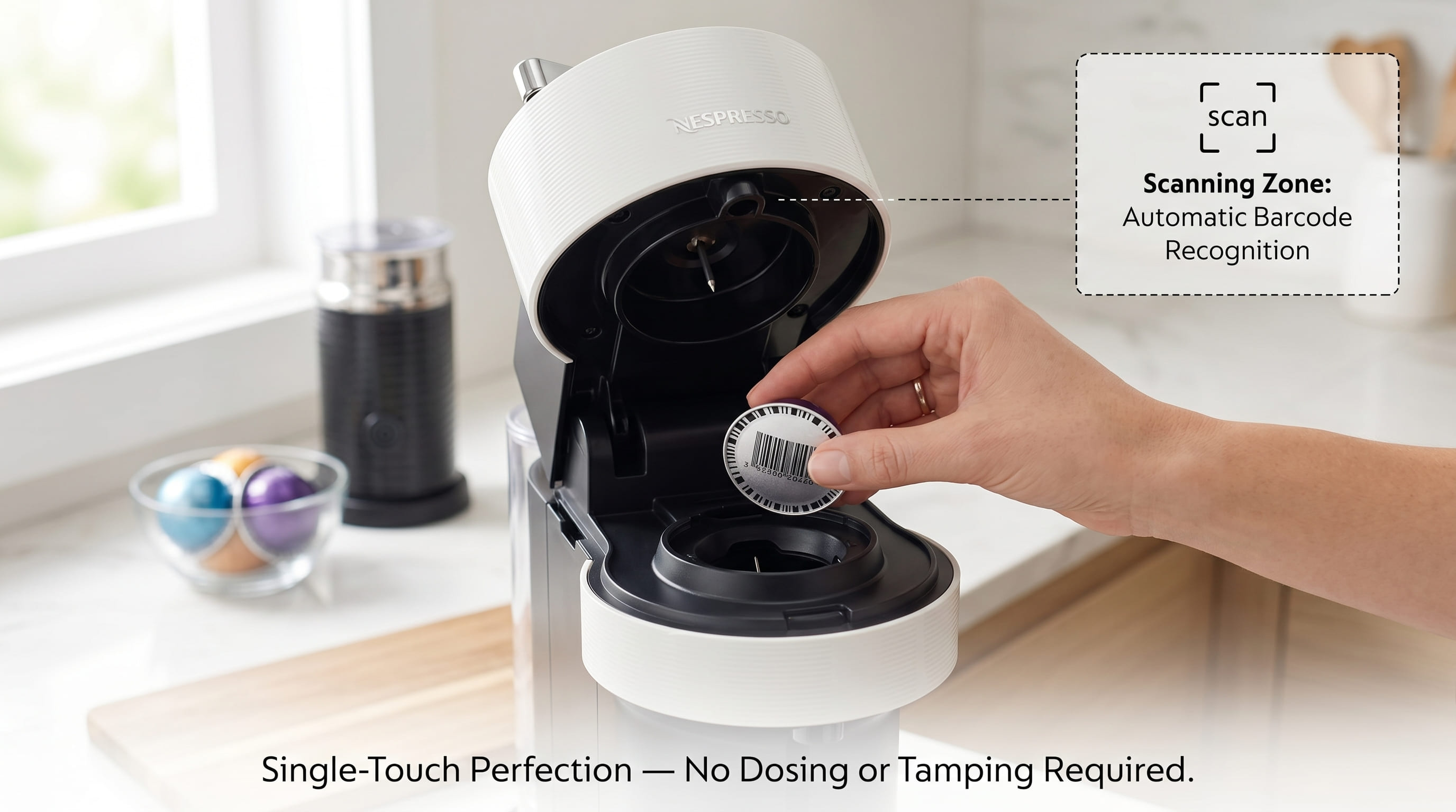 Loading a Nespresso Vertuo capsule into the Vertuo Next brew head — one-touch capsule recognition