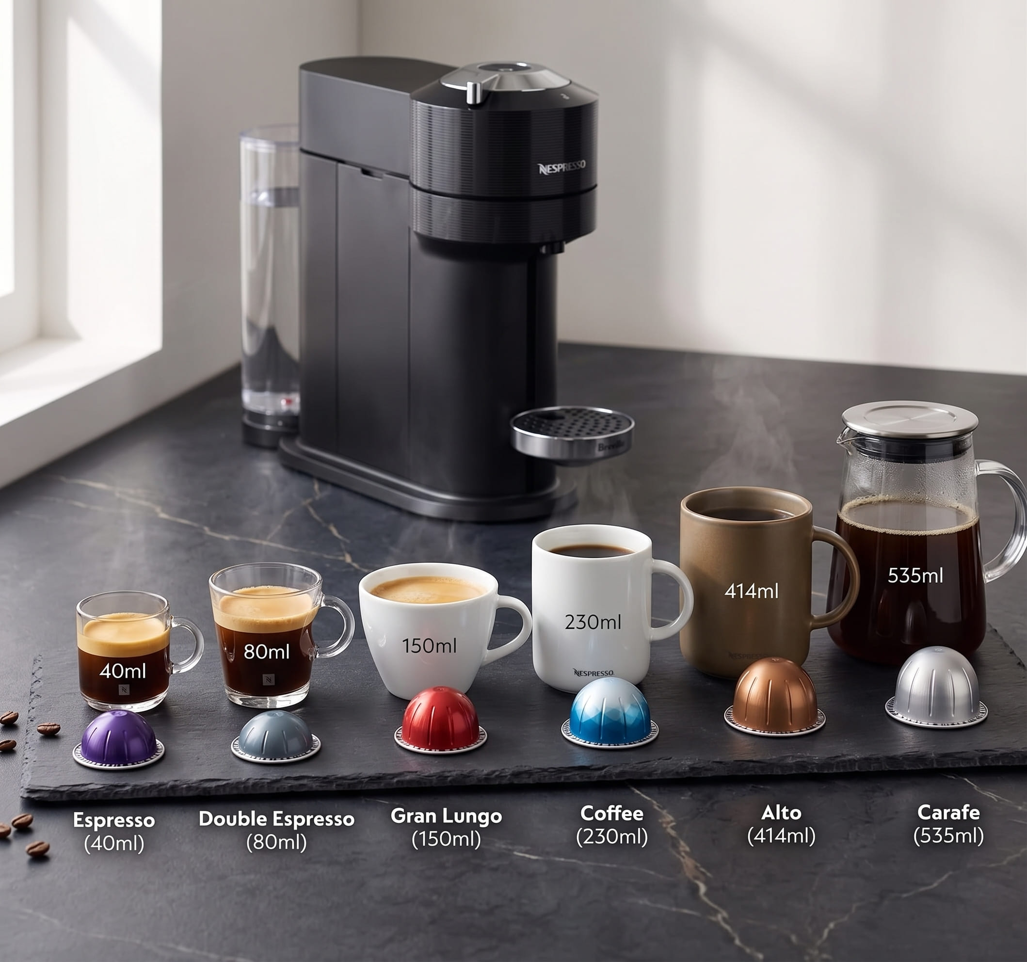 Nespresso Vertuo Next brewing all six cup sizes: espresso, double espresso, gran lungo, coffee, alto, and carafe