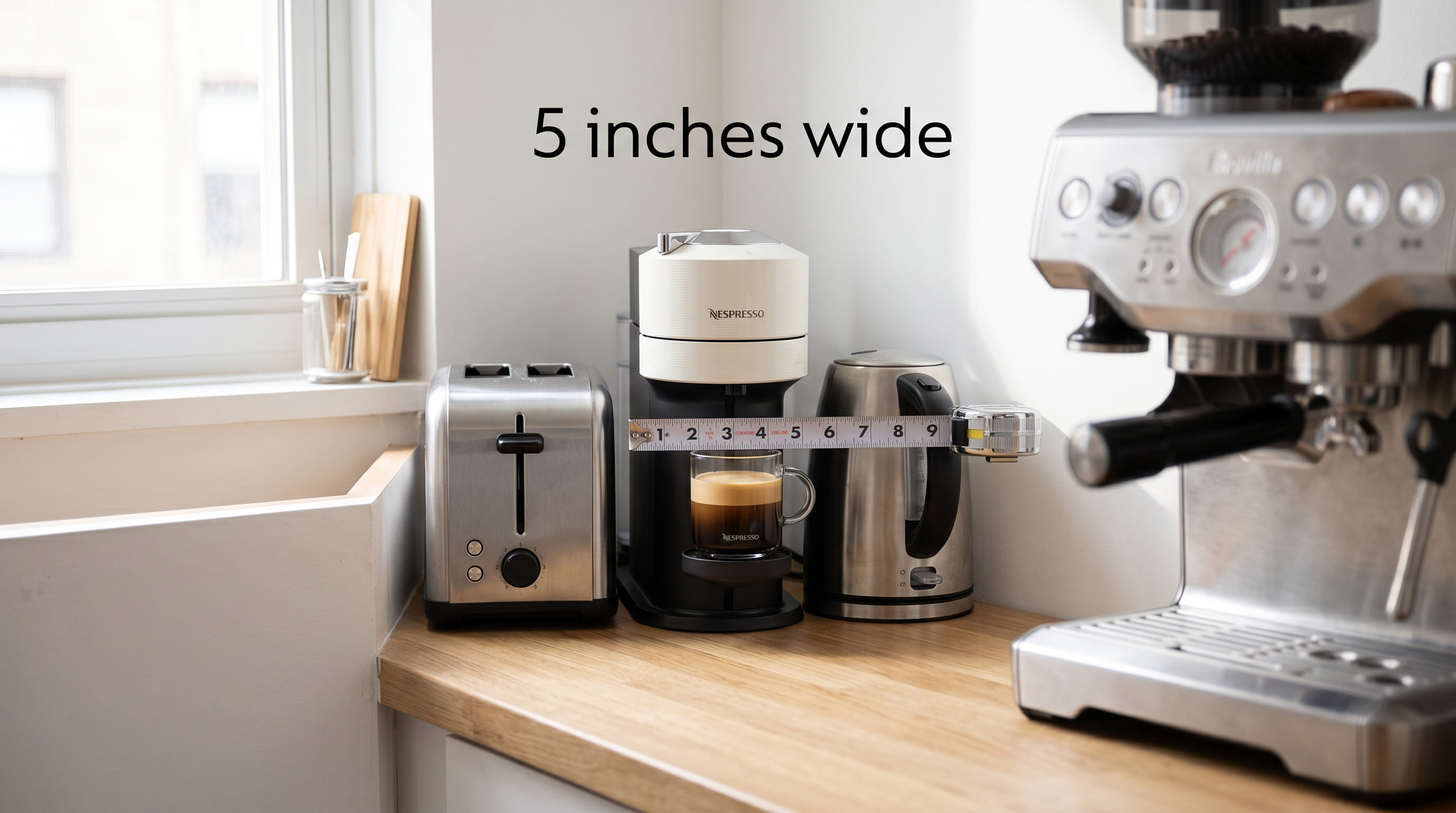 Nespresso Vertuo Next compact footprint on kitchen counter — 5 inches wide, ideal for tight spaces
