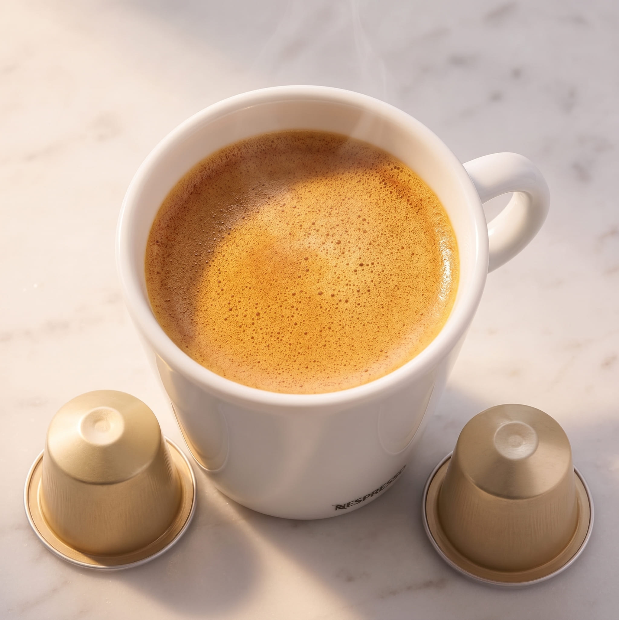 Thick golden crema on Nespresso Vertuo espresso shot produced by centrifusion spinning at 7000 RPM