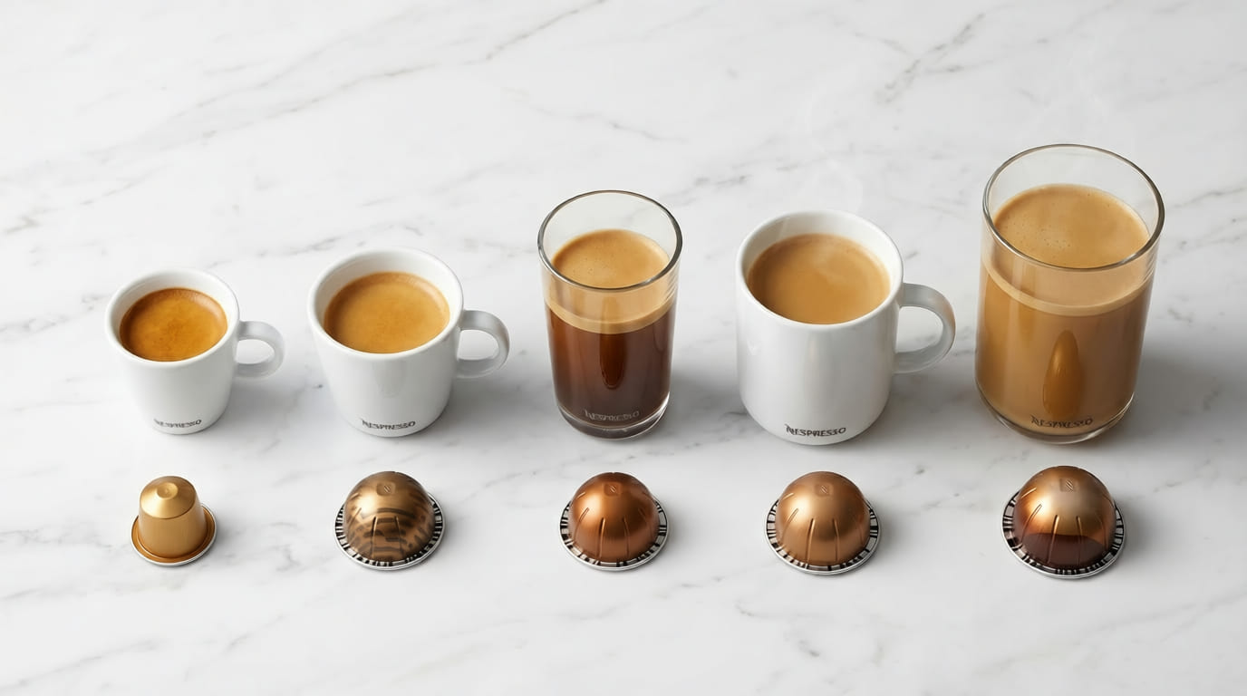 Five Nespresso Vertuo cup sizes displayed side by side from espresso 40ml to alto 414ml