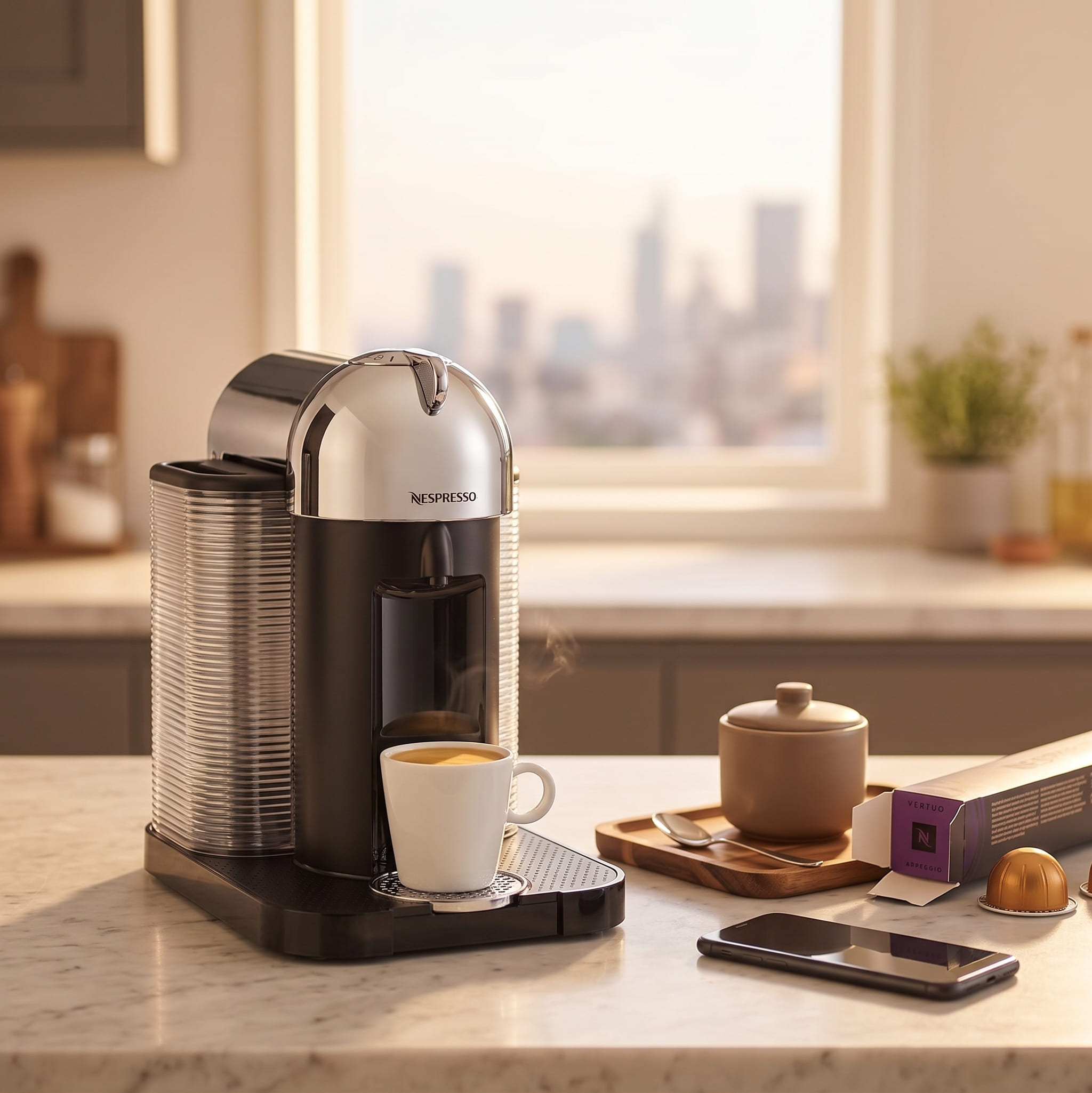 Nespresso Vertuo Coffee and Espresso Maker in morning kitchen setting with fresh brew and ceramic mug