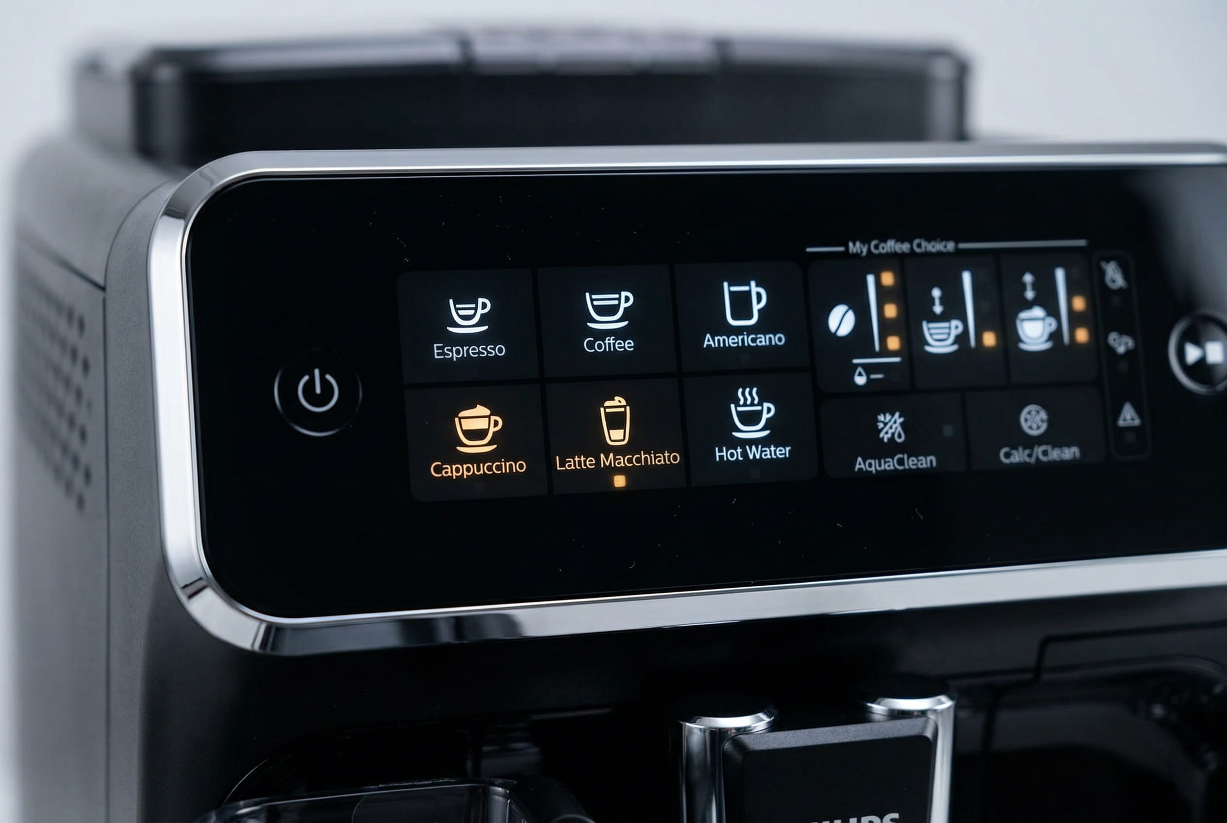 Philips 3200 LatteGo one-touch control panel with 5 drink presets — espresso, cappuccino, latte macchiato, americano, coffee