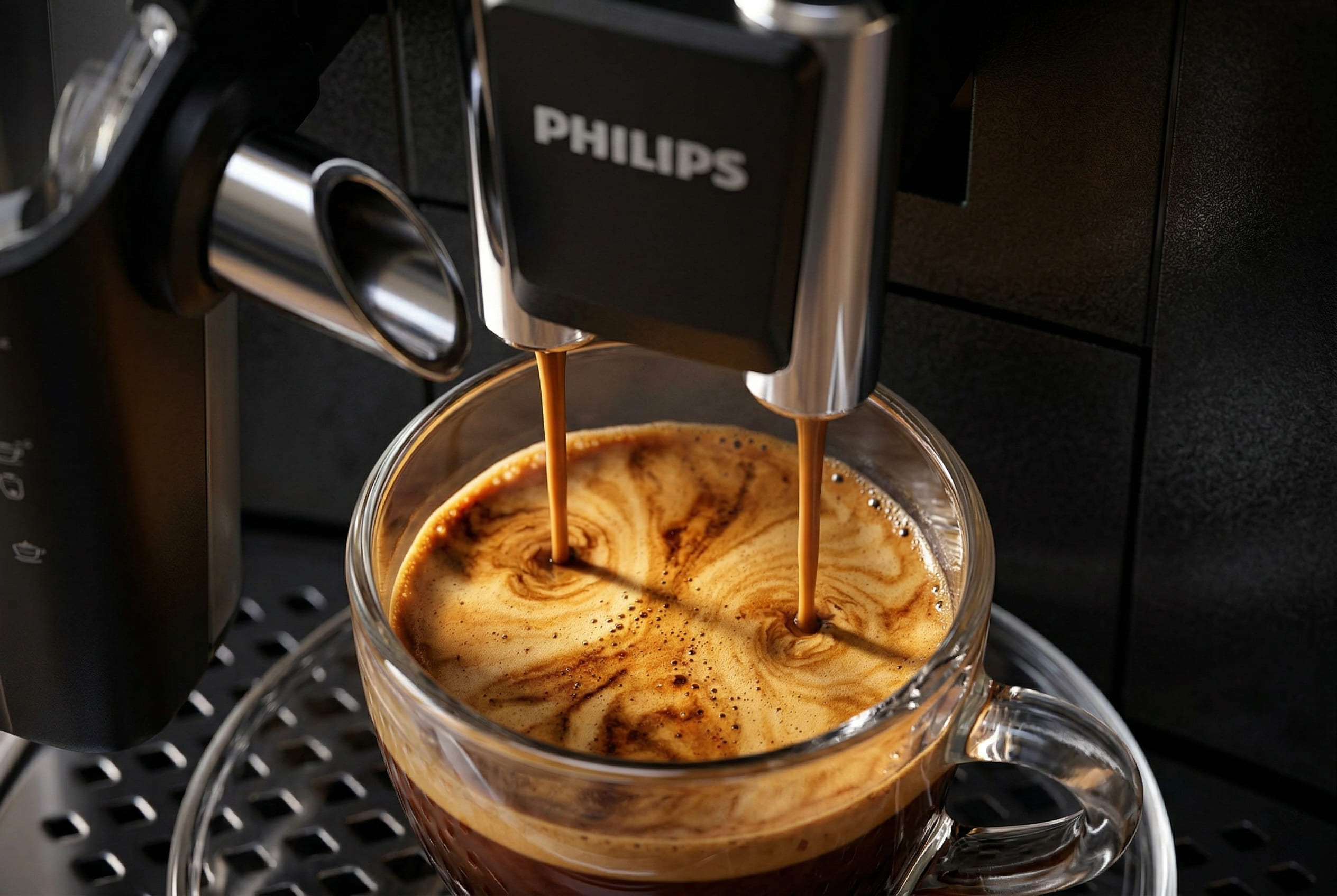Philips 3200 LatteGo pulling a double espresso with golden crema from the ceramic burr grinder at 9-bar pressure