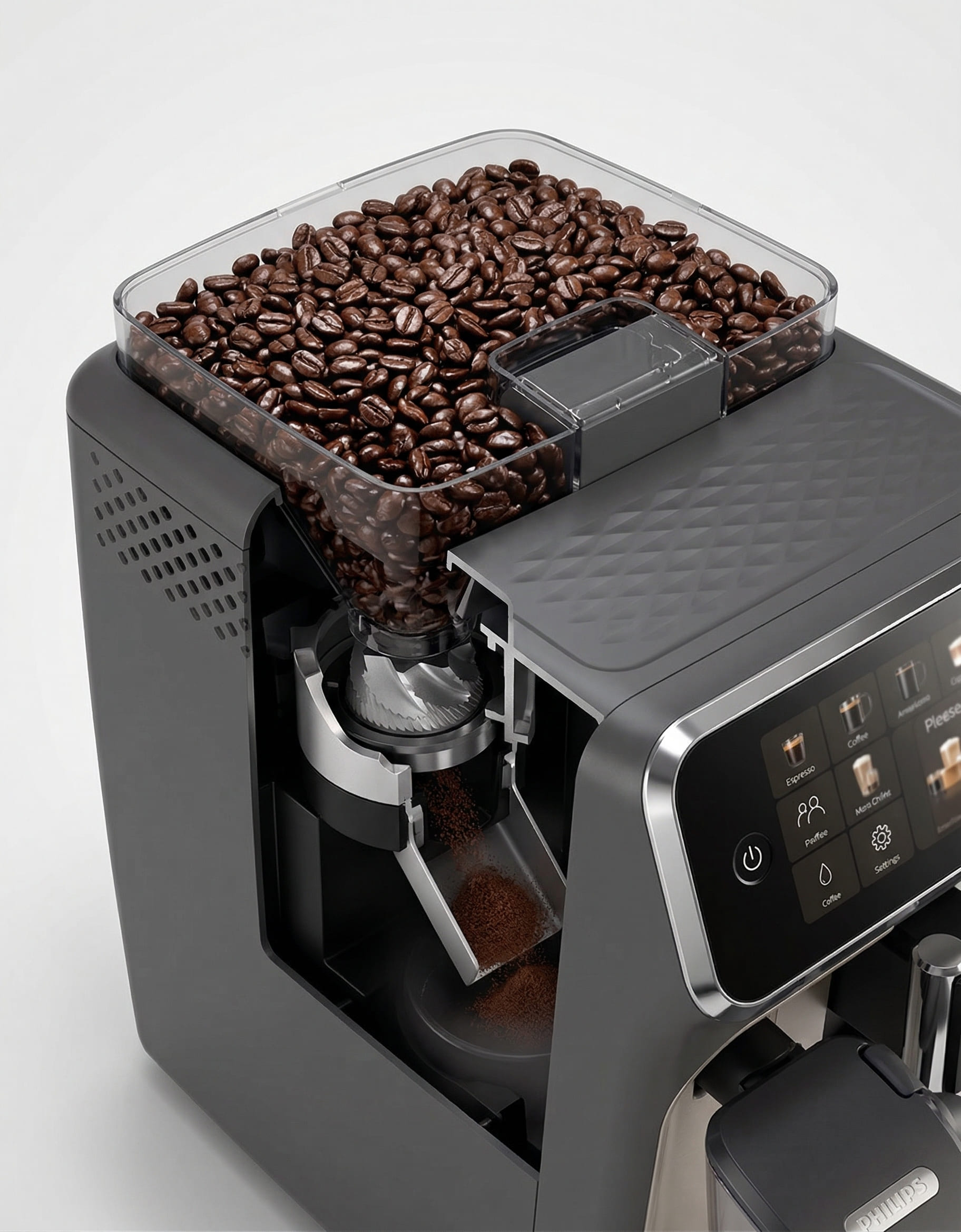 Philips 5500 Series built-in ceramic burr grinder with 5 grind settings and 200g bean hopper for fresh bean-to-cup brewing