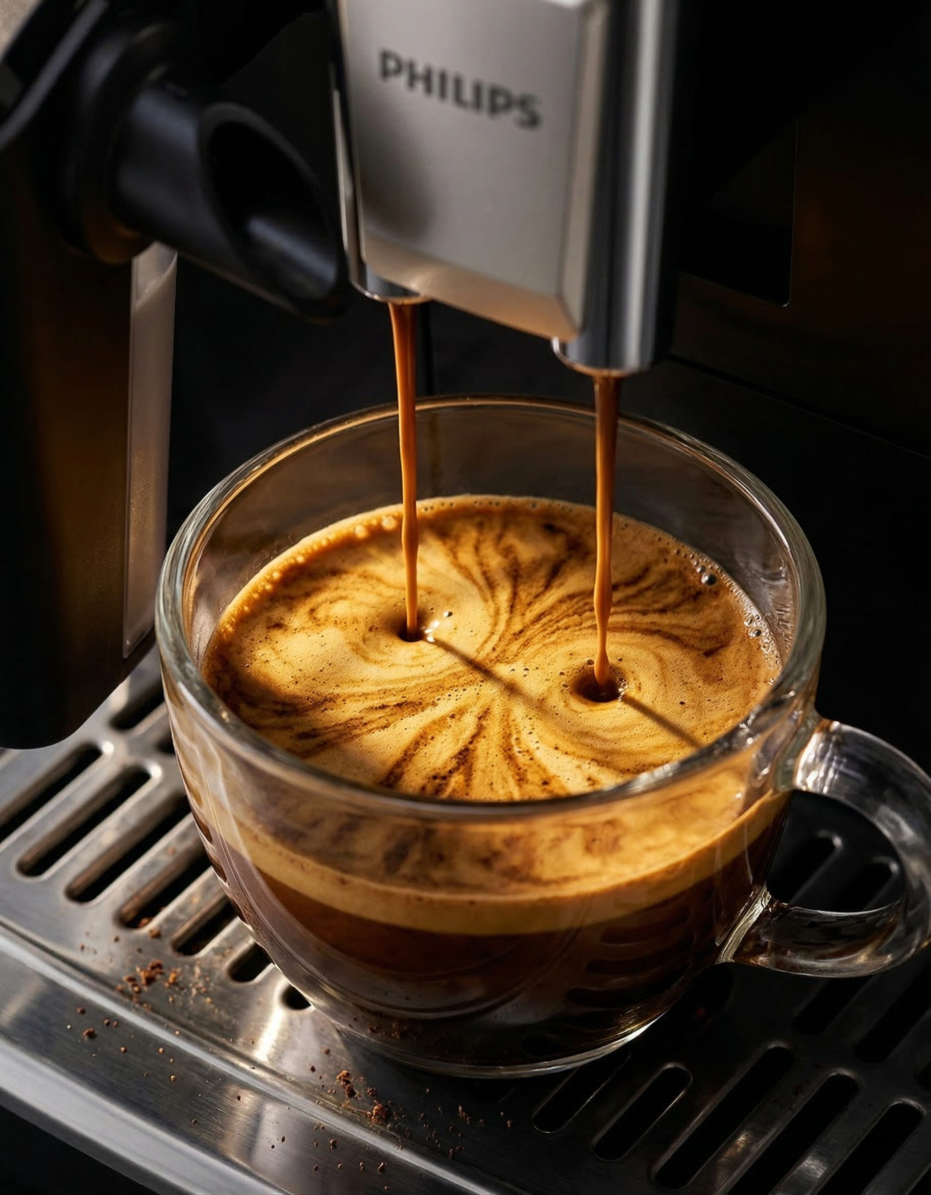 Double espresso shot extracting from Philips 5500 Series with thick golden crema showing AromaExtract brewing at optimal 9-bar pressure