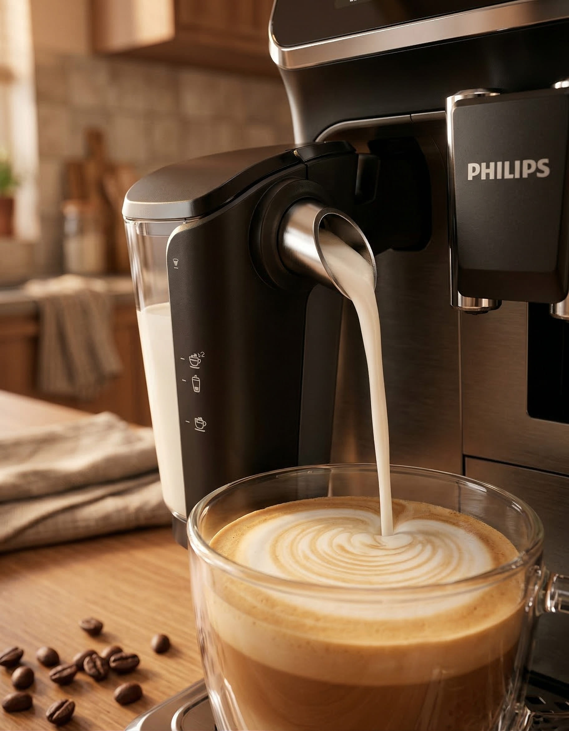Philips 5500 LatteGo milk system pouring perfectly textured microfoam for latte — dishwasher-safe design close-up