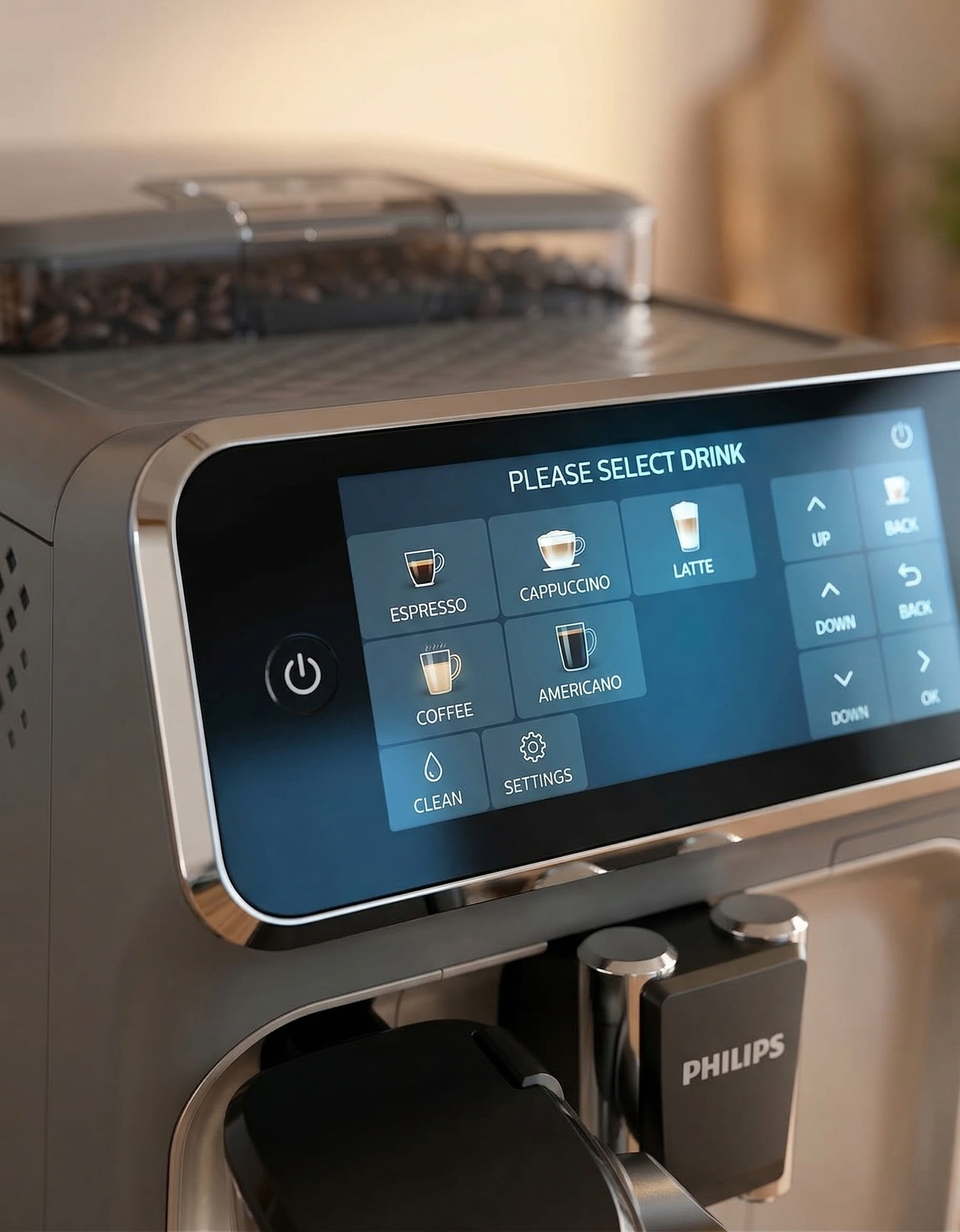 Philips 5500 Series intuitive touch display showing 12 one-touch drink recipes including espresso, cappuccino, latte and americano