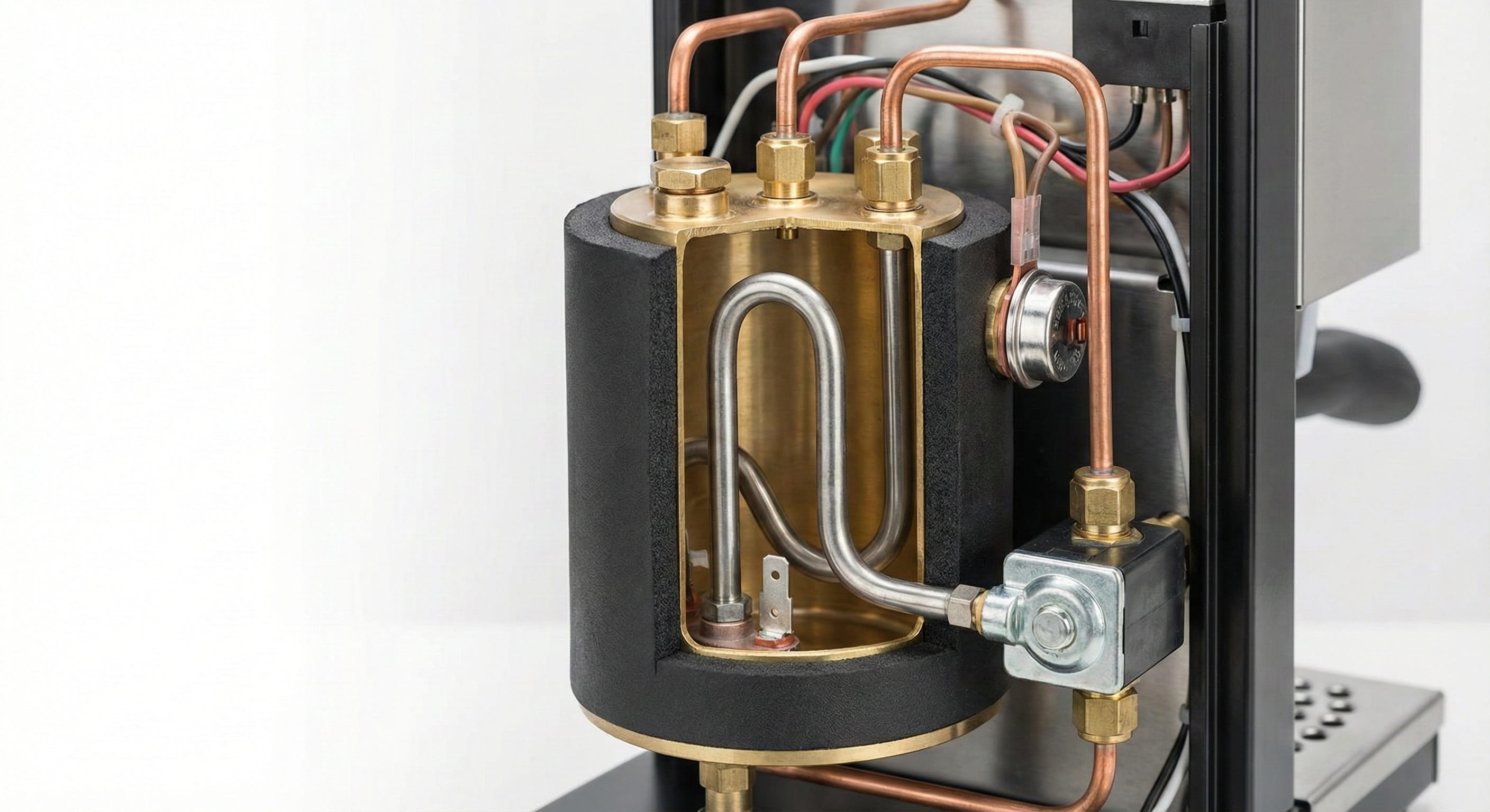 Rancilio Silvia 12-ounce brass boiler providing superior heat retention and 15-20 year lifespan