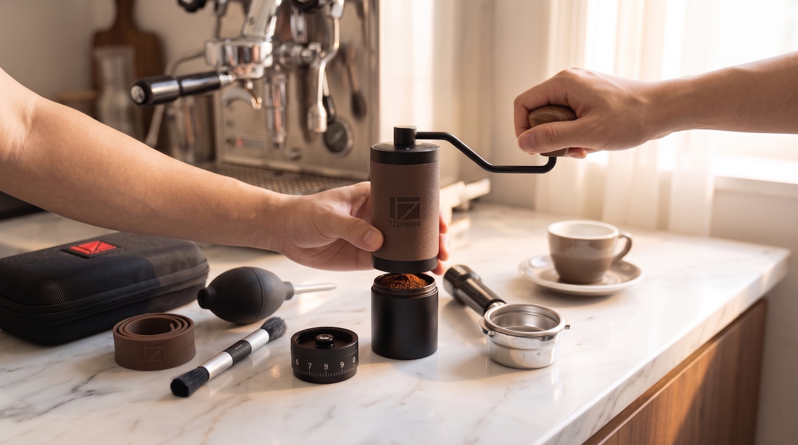 1Zpresso K-Ultra manual grinder espresso workflow portafilter dosing home espresso setup specialty coffee hand grinder
