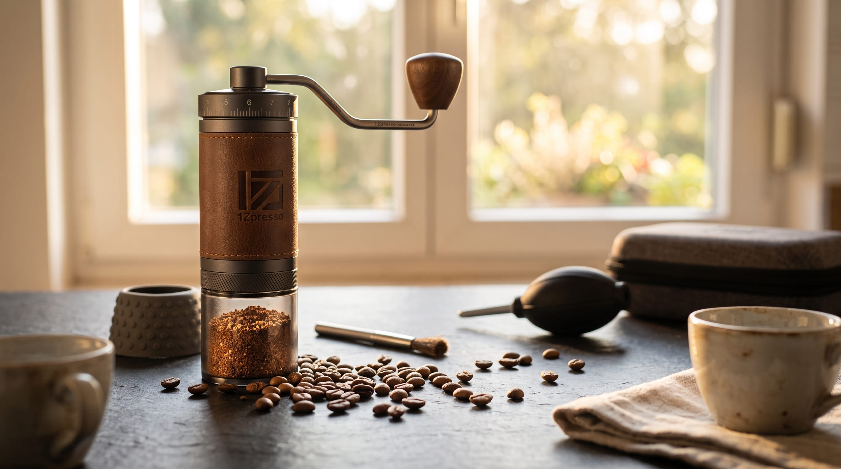 1Zpresso K-Ultra hand grinder V60 pour-over filter coffee brewing setup specialty coffee home barista gooseneck kettle