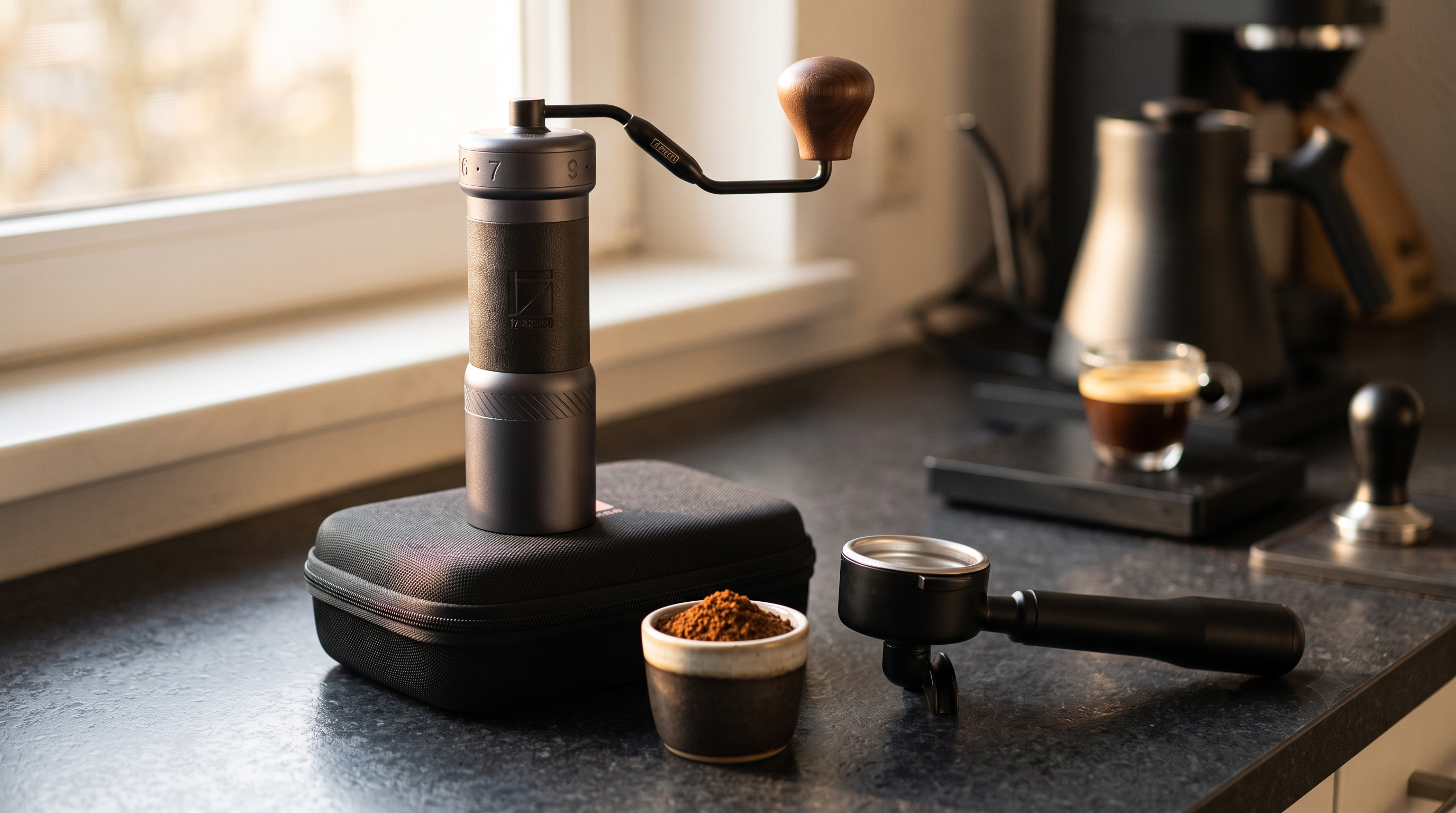 1Zpresso K-Ultra manual grinder in use grinding coffee beans lifestyle home barista specialty coffee setup