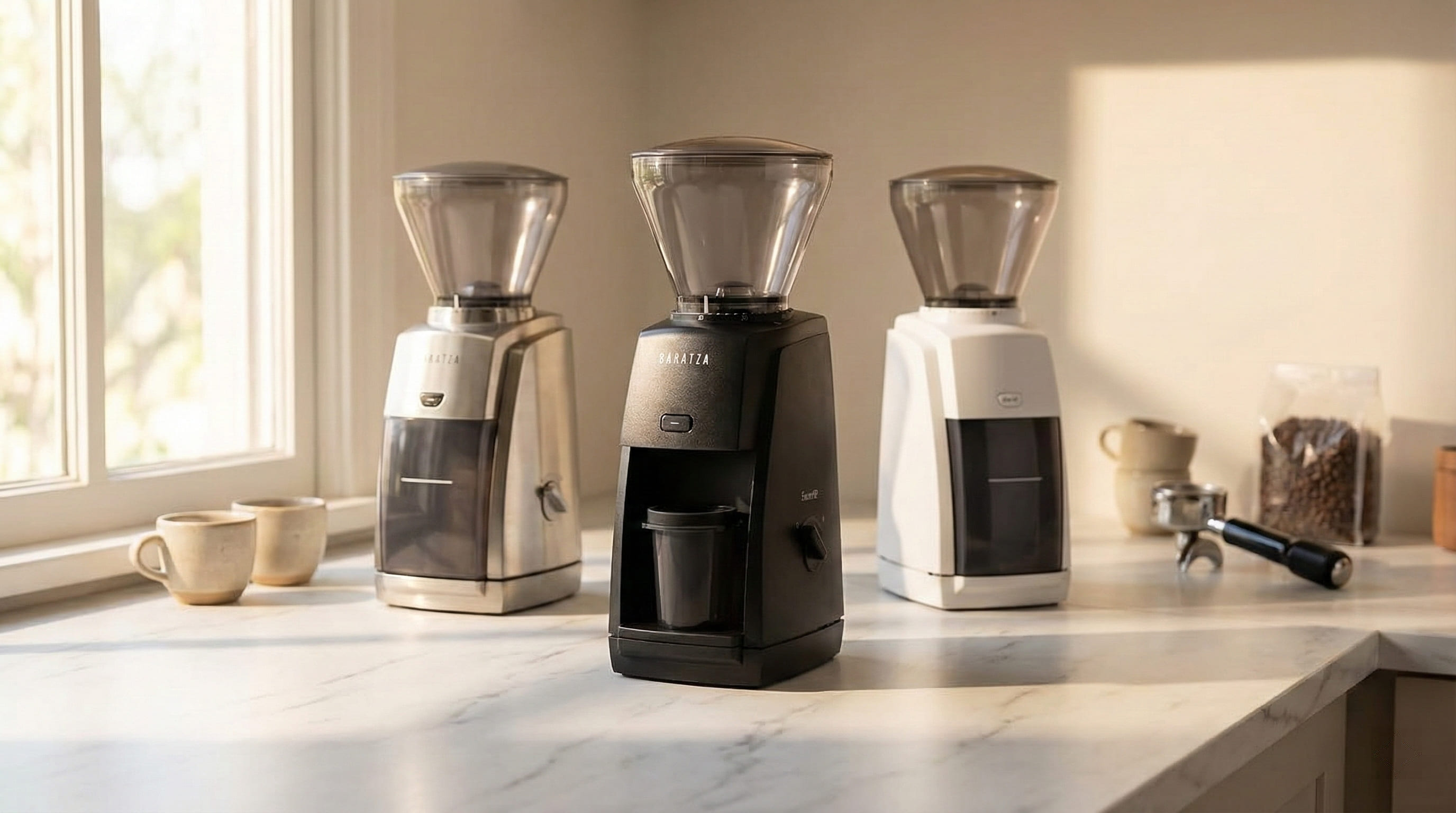 Baratza Encore ESP compared against Fellow Opus and Turin DF64 V5 — side-by-side grinder comparison for home espresso buyers