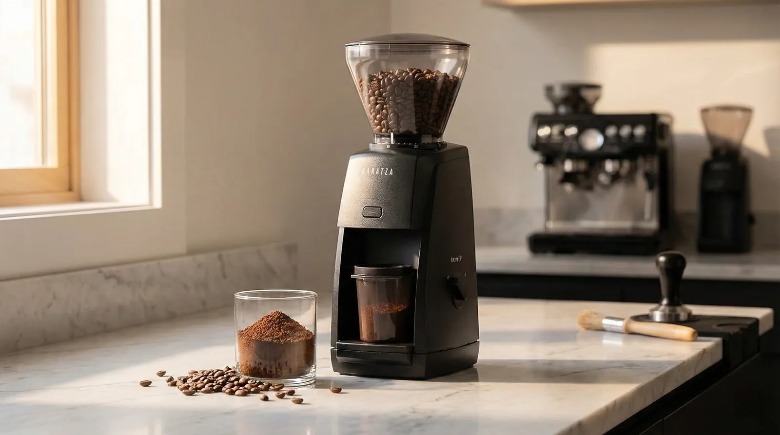 Baratza Encore ESP grinder with its micro-adjustment collar on a kitchen counter