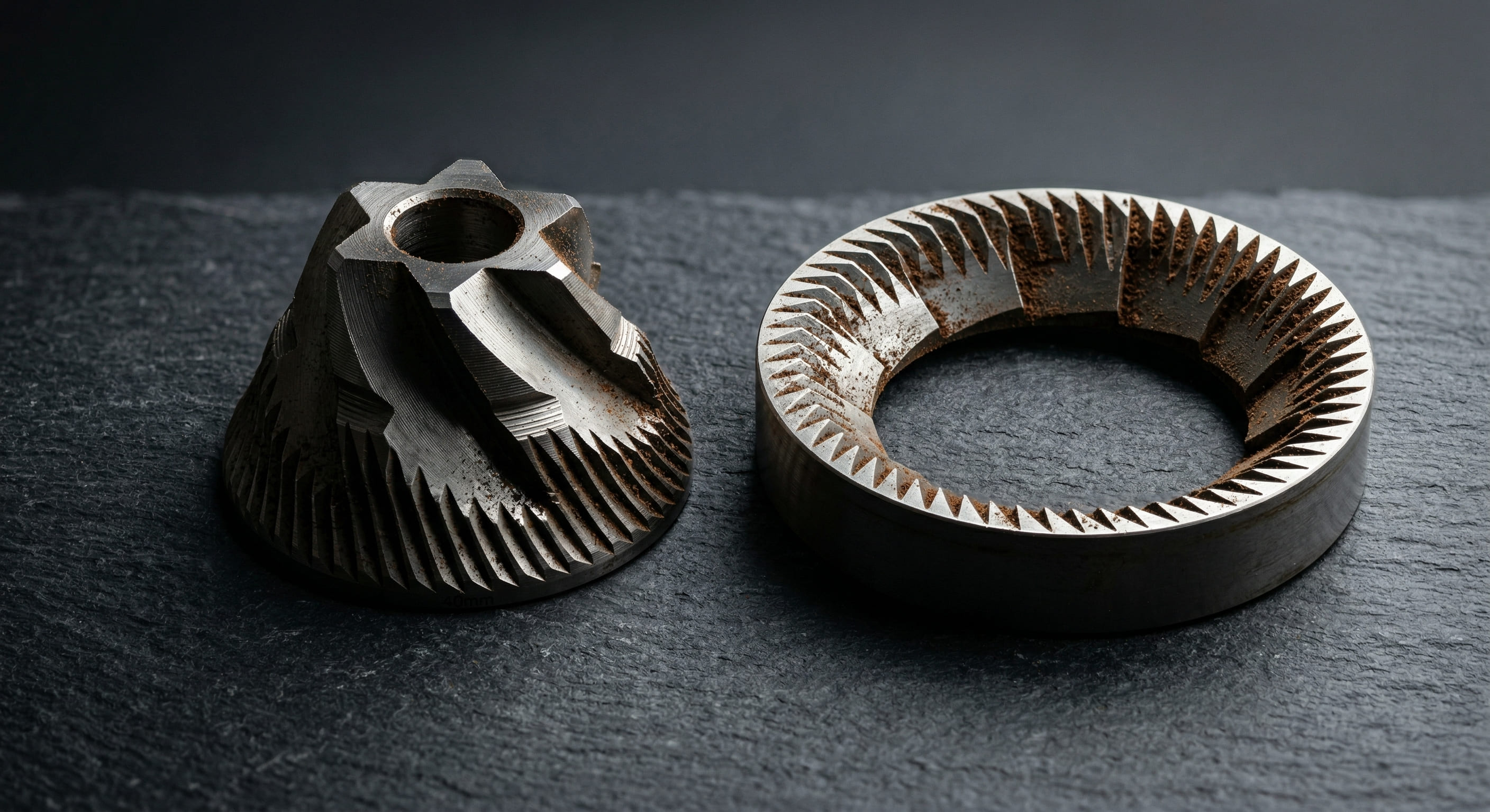 Baratza Virtuoso+ 40mm conical burr set close-up showing hardened alloy steel burr geometry for consistent grind particle distribution