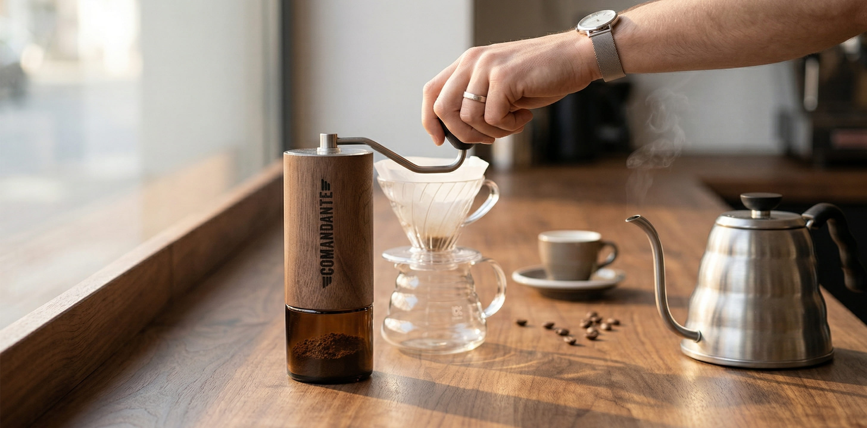 Comandante C40 hand grinder espresso and pour-over brewing setup specialty coffee V60 dripper gooseneck kettle premium manual grinding workflow