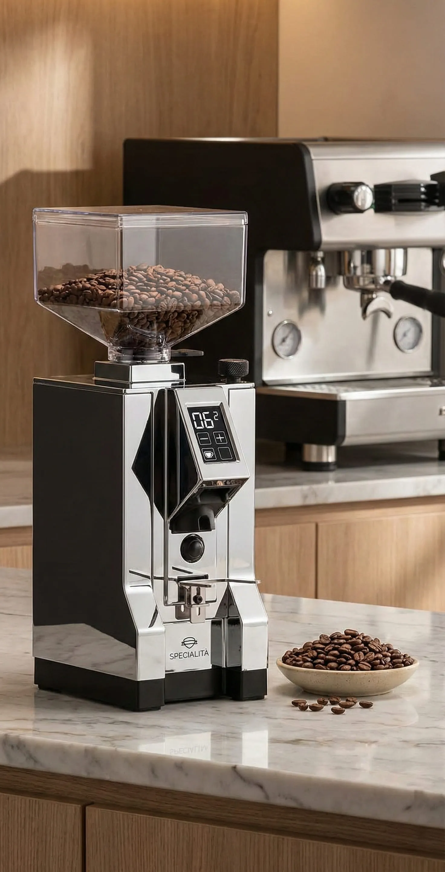 Eureka Mignon Specialita Italian espresso grinder with chrome portafilter fork and metal housing