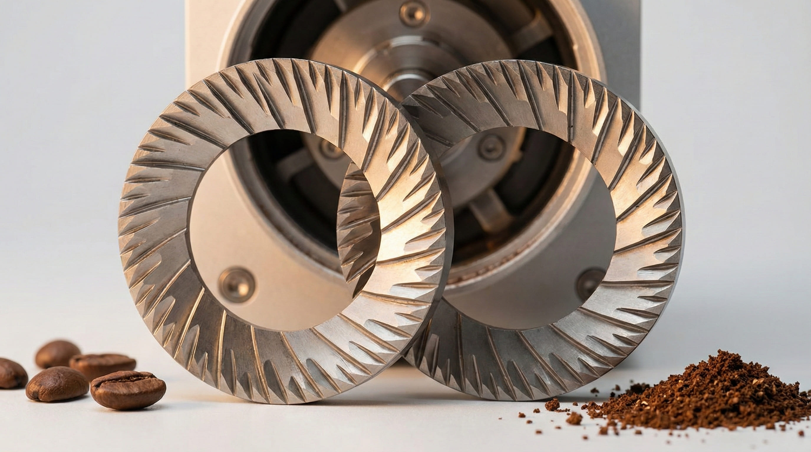 Fellow Ode Gen 2 64mm flat burr set close-up showing SPP-coated precision grinding surfaces for single dose workflow