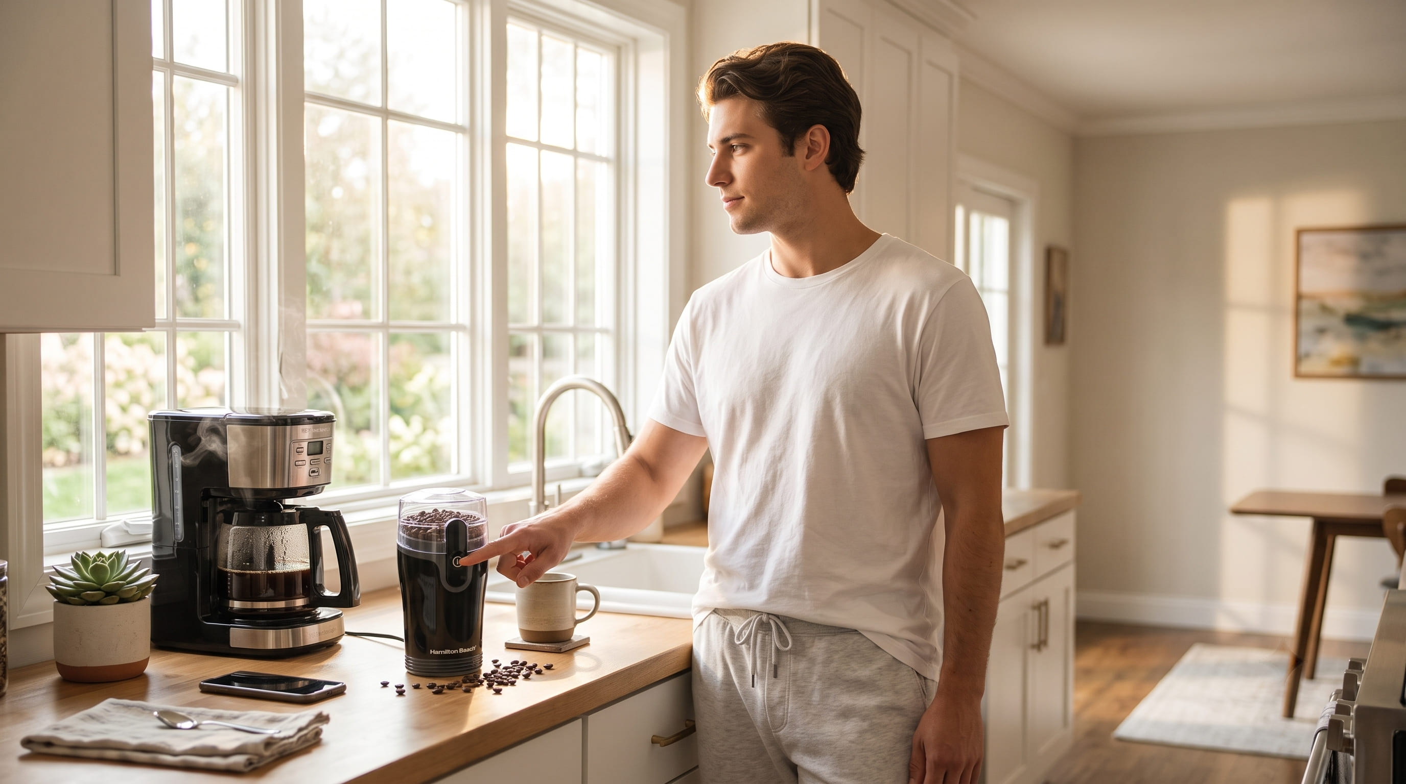 Hamilton Beach Fresh Grind electric coffee grinder being used in a home kitchen morning coffee routine