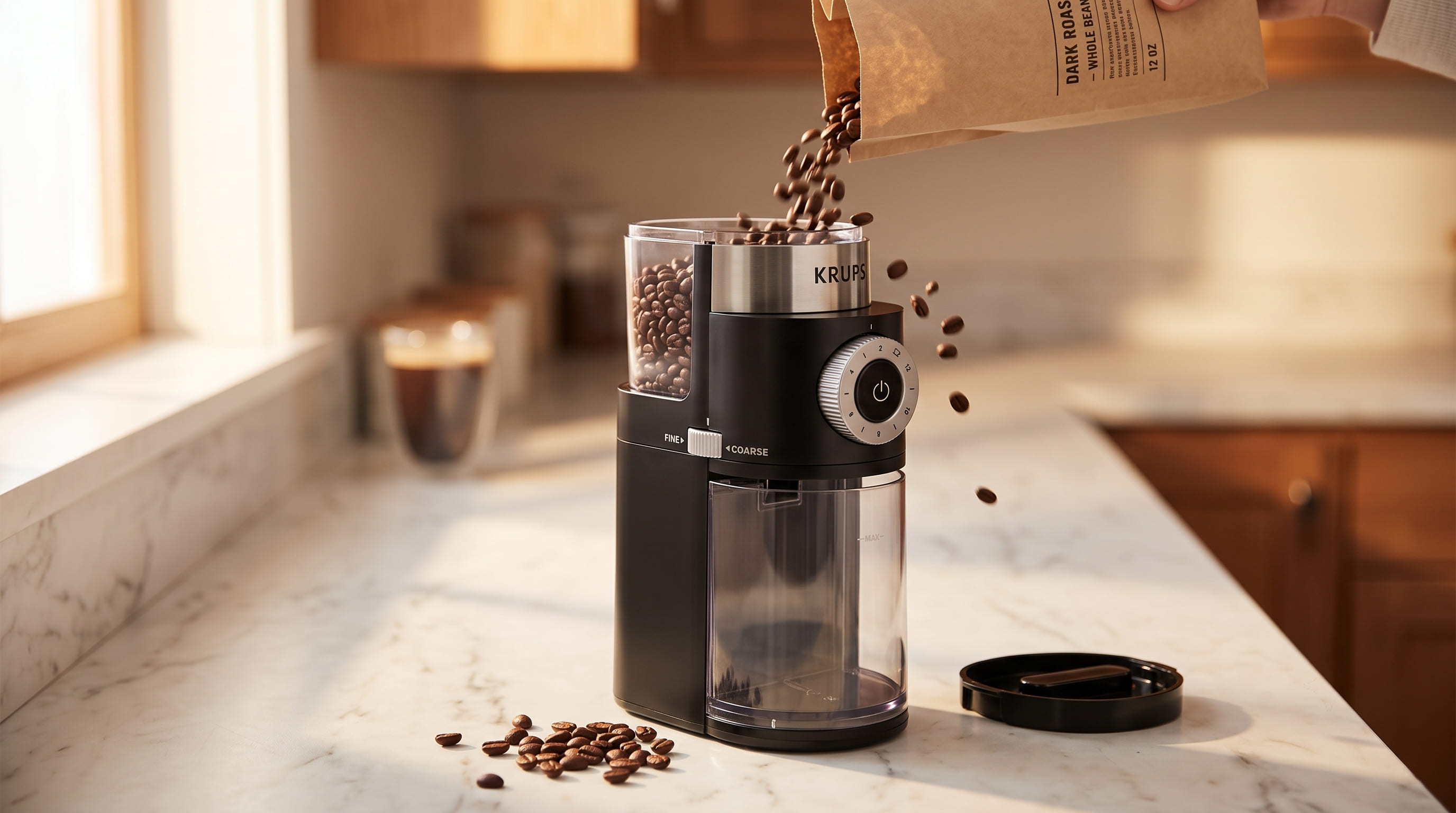 Whole coffee beans being poured from a kraft bag into the KRUPS Precision Burr Grinder hopper