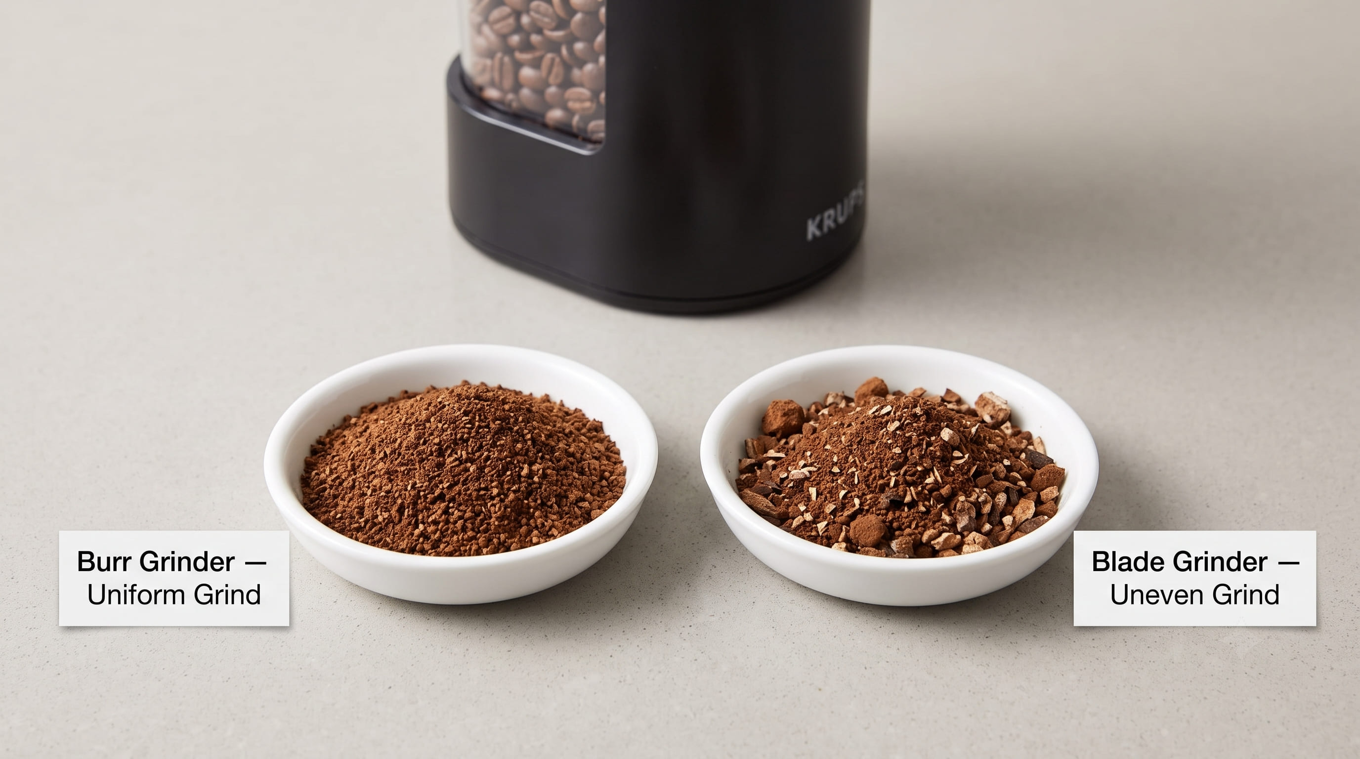 KRUPS Precision Burr Grinder ground coffee showing uniform particle size spread on white surface